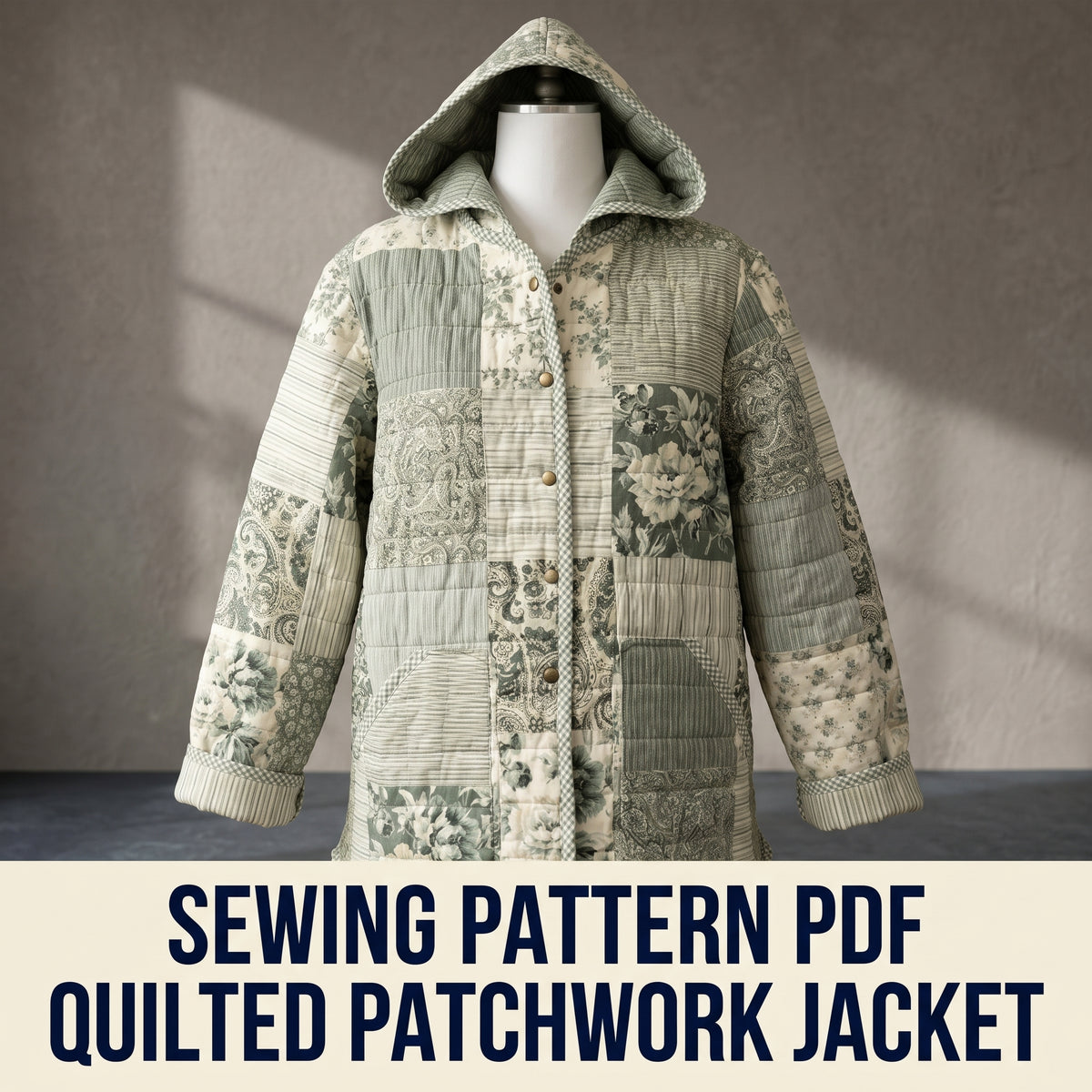 Quilted Patchwork Hooded Jacket Sewing Pattern PDF – Sage and Cream Florals, Snap Front, Oversized, XS to 4XL
