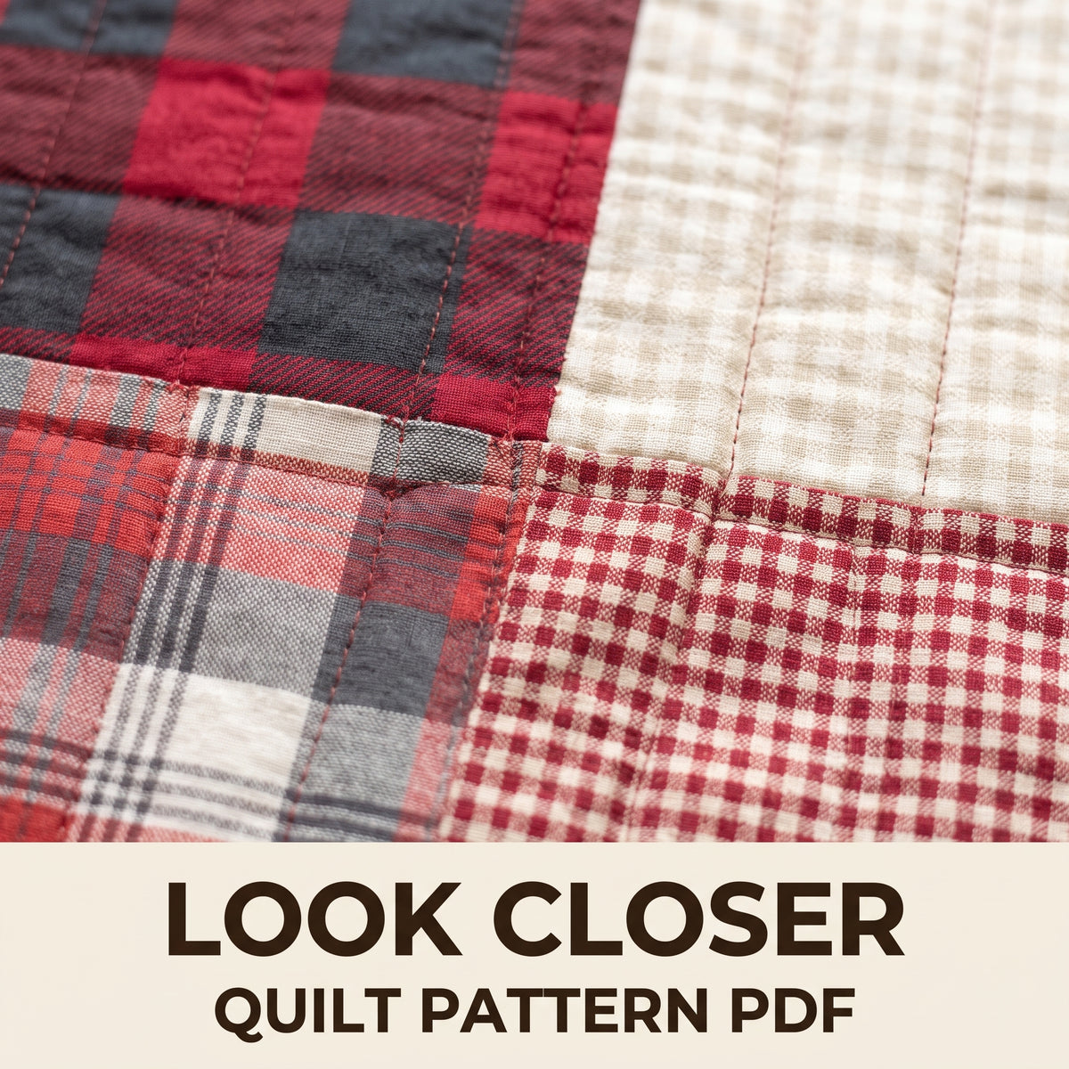 Plaid Patchwork Quilt Pattern PDF, Big Block Flannel Quilt in Buffalo Check and Cream, Throw Twin and Queen