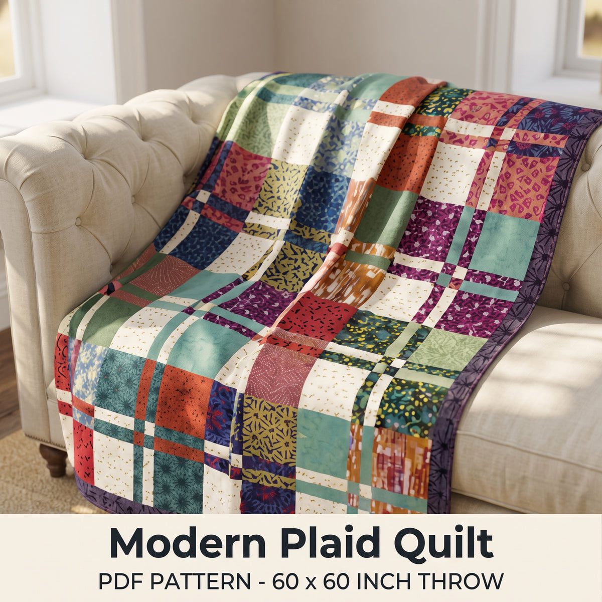 Modern Plaid Quilt Pattern PDF, 60x60 Throw, Fat Quarter Friendly