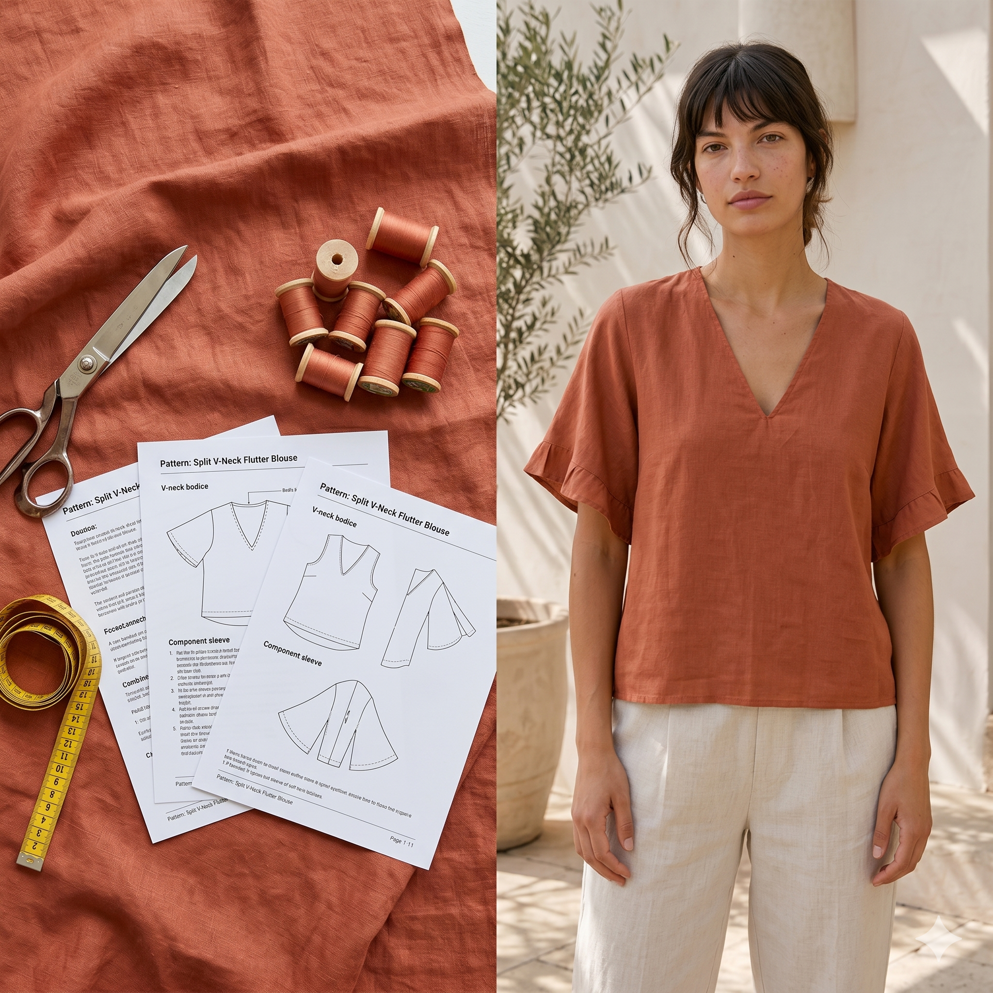 Linen Flared Sleeve Blouse Sewing PatternVintage V-Neck Top (XS-4XL) (PDF Pattern,Dijital Download)