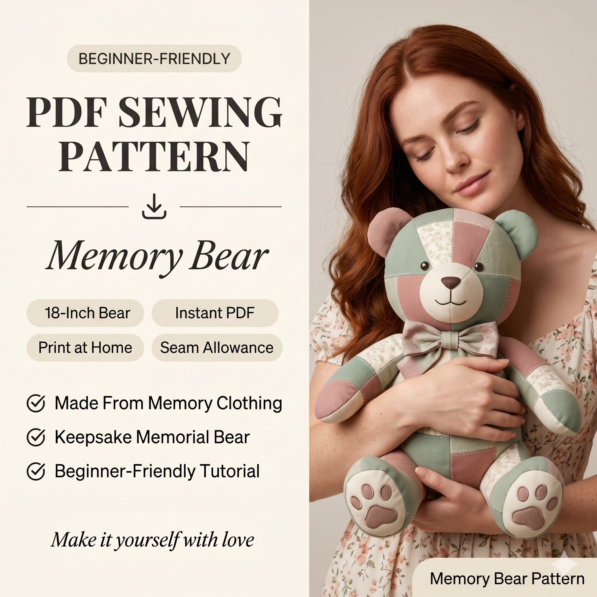 Simple Memory Bear Pattern 18" Easy Bear Pattern Memorial Bear Sewing Tutorial Pattern Sewing Pattern Simple Bear Keepsake Bear PDF Pattern