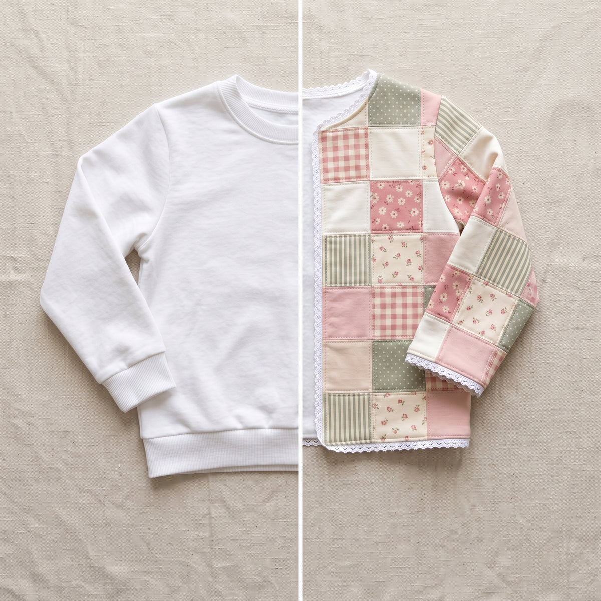 Kids Patchwork Sweatshirt Jacket PDF Sewing Pattern, Girls Upcycle with Mini Charm Squares, Lace Trim, Sizes 2–12 Years