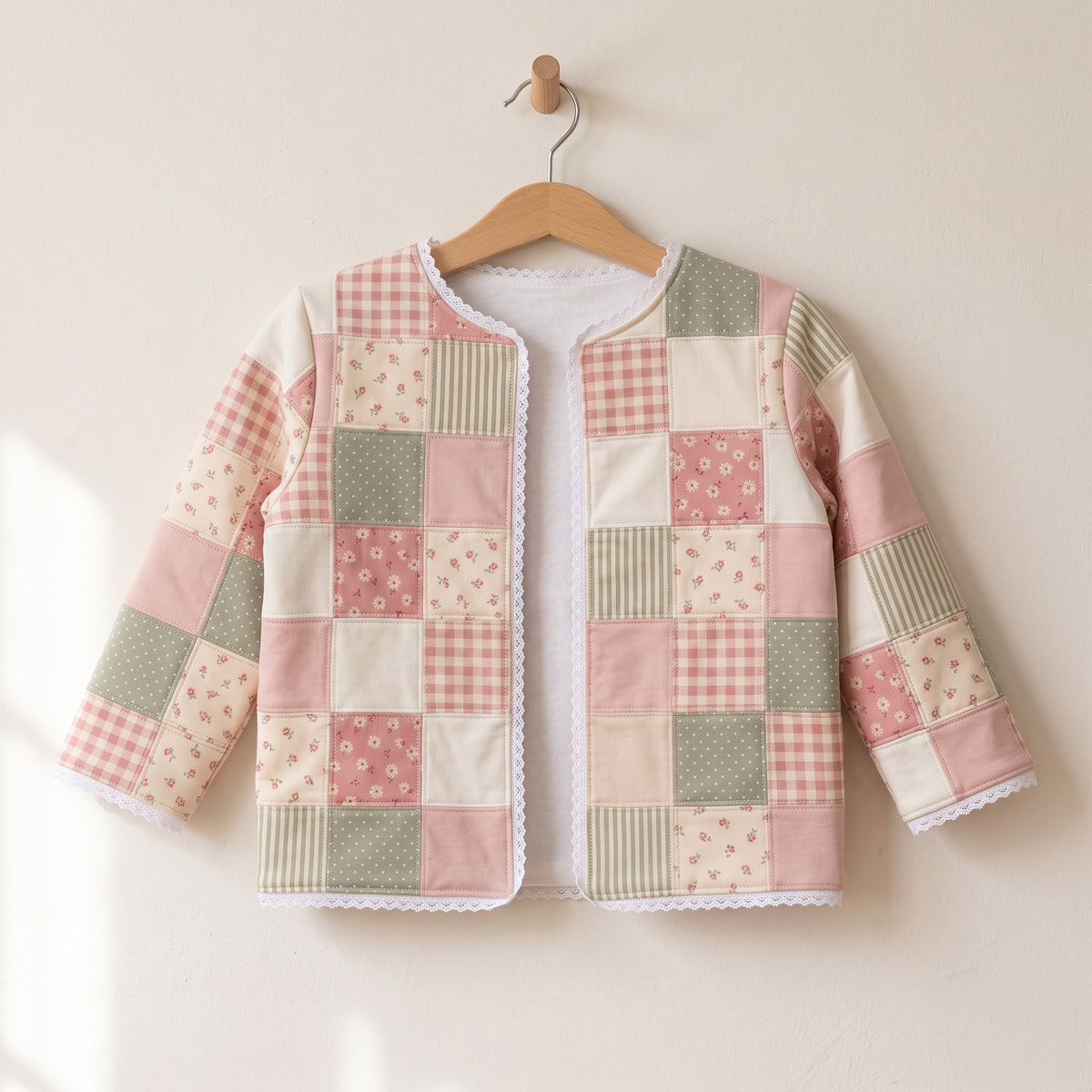Kids Patchwork Sweatshirt Jacket PDF Sewing Pattern, Girls Upcycle with Mini Charm Squares, Lace Trim, Sizes 2–12 Years