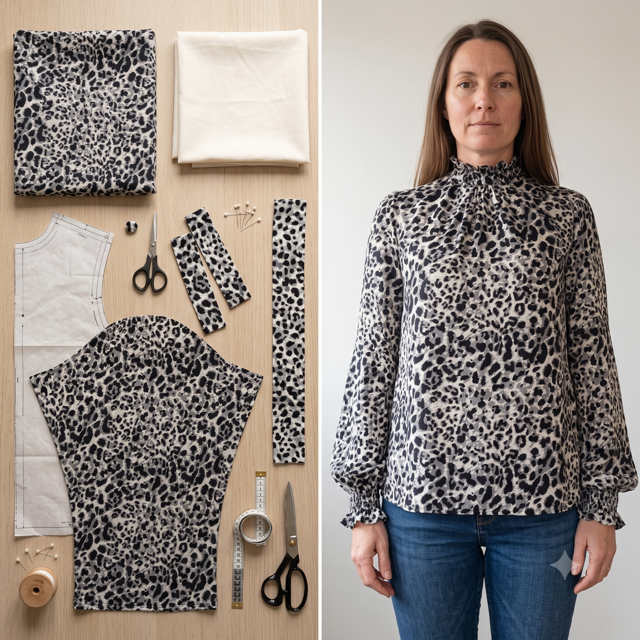 Ruffle Neck Blouse Sewing Pattern PDF, High Collar Bishop Sleeve Top, Keyhole Back Blouse Pattern, Lined, Sizes US 2-16 / EU 34-48, Instant Download