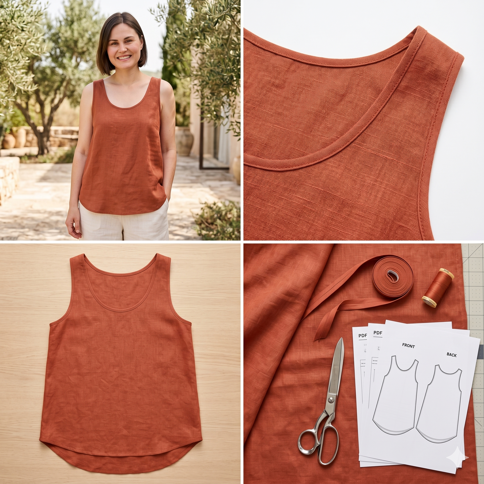 Linen Tank Top Sewing Pattern PDF | A-Line Scoop Neck Top Pattern for Women, Easy Summer Tank, Beginner, Sizes XS-5XL, Instant Download