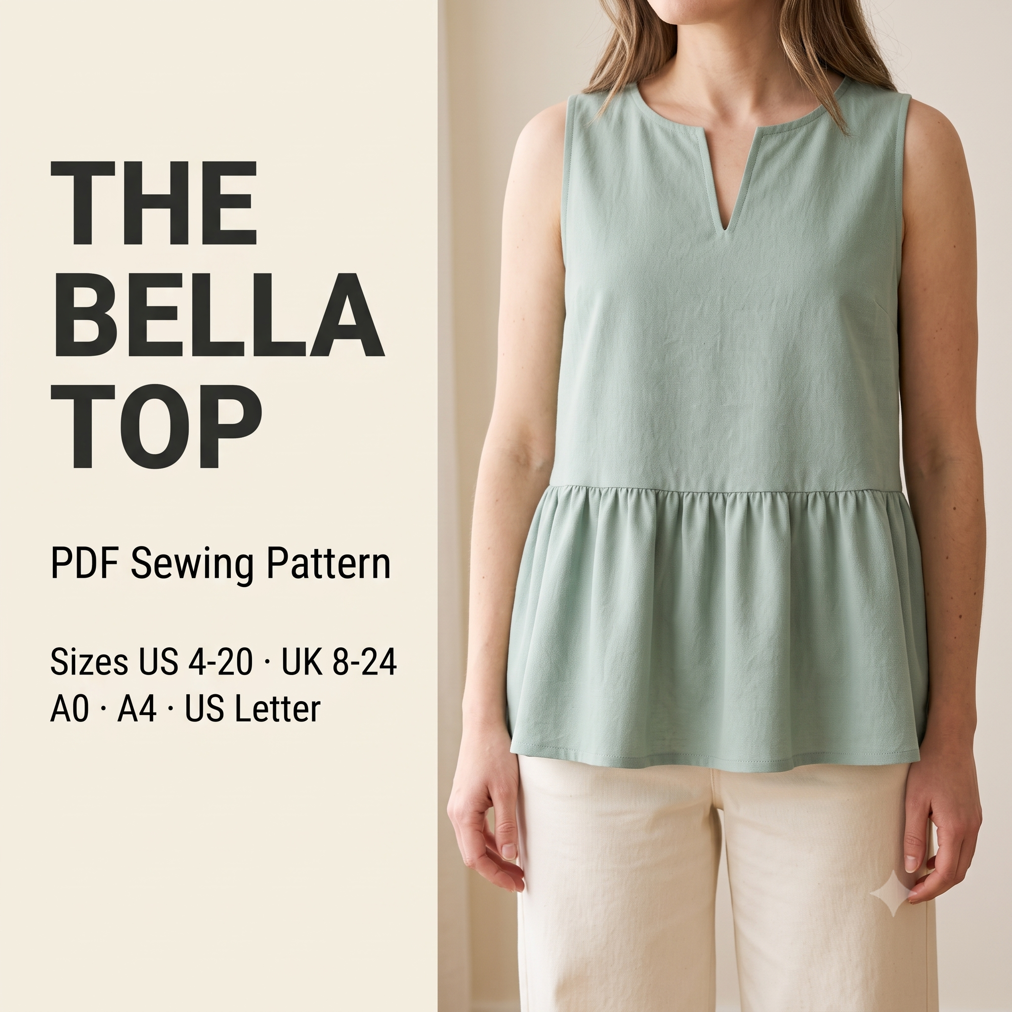 Bella Peplum Top Sewing Pattern | Sleeveless Ruffle Hem Blouse PDF | Women's Summer Top | US 4-20, UK 8-24, EU 36-52 | A4 A0 US Letter