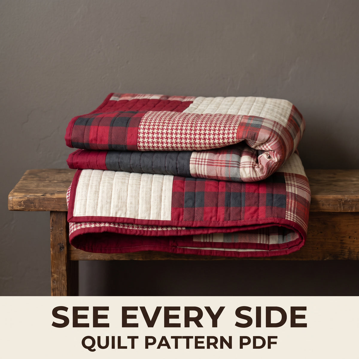 Plaid Patchwork Quilt Pattern PDF, Big Block Flannel Quilt in Buffalo Check and Cream, Throw Twin and Queen