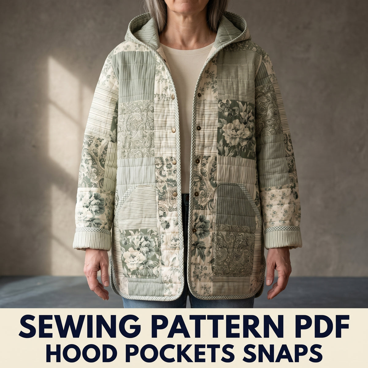 Quilted Patchwork Hooded Jacket Sewing Pattern PDF – Sage and Cream Florals, Snap Front, Oversized, XS to 4XL