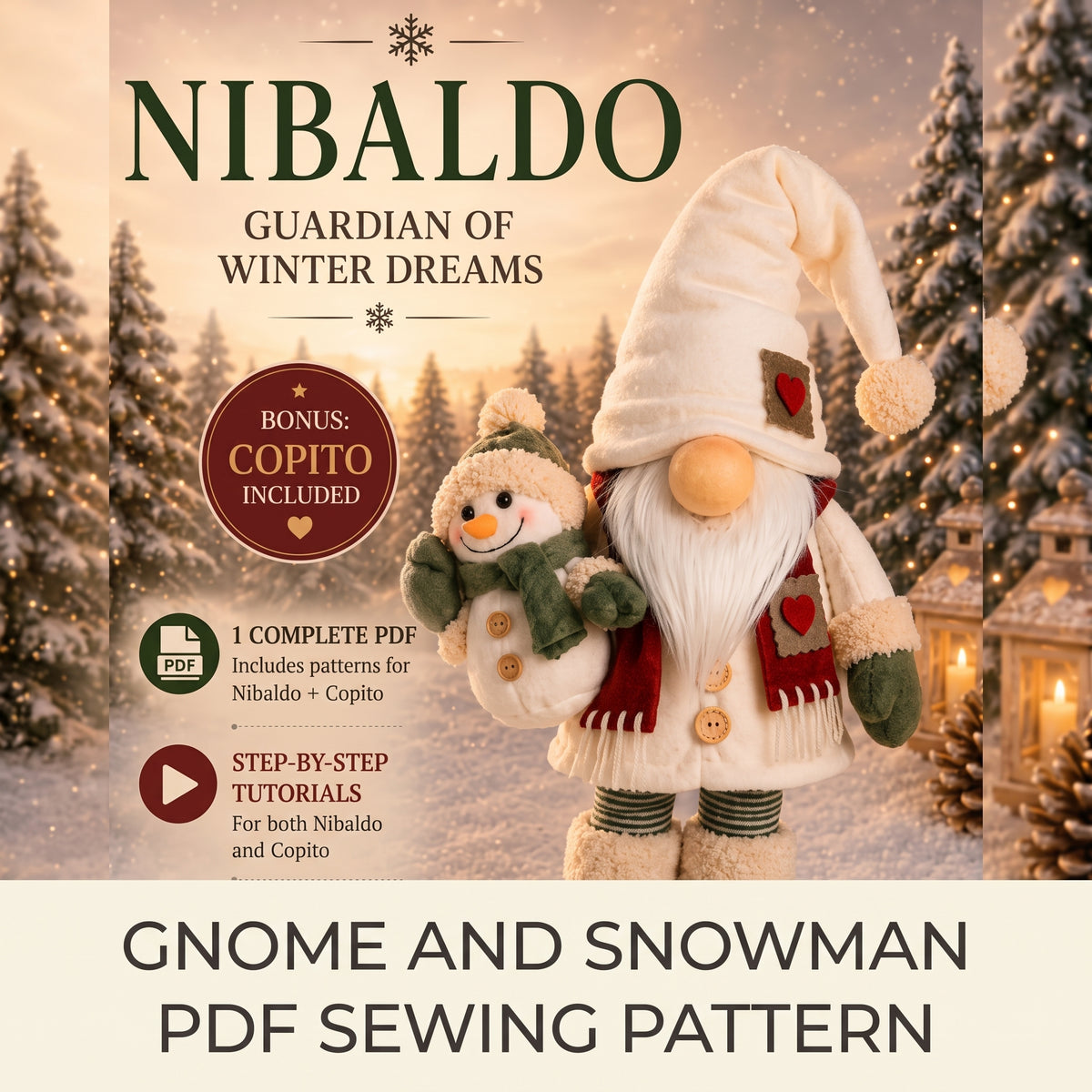 Christmas Gnome Sewing Pattern PDF | Scandinavian Tomte 31 in + Bonus Snowman | Full-Size Templates