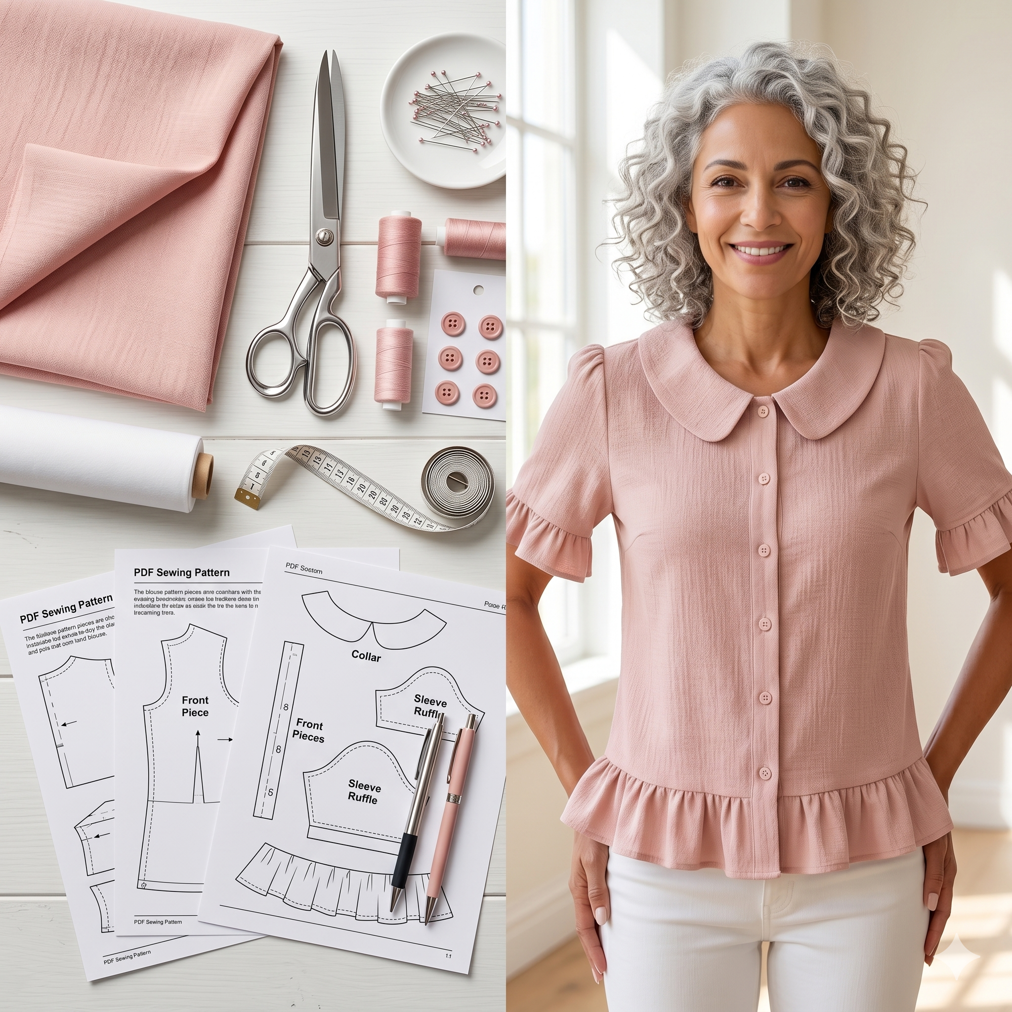 Ruffle Blouse Sewing Pattern PDF | Peter Pan Collar Top Pattern, Short Sleeve Button Up Shirt for Women, Sizes S-3XL, Instant Download