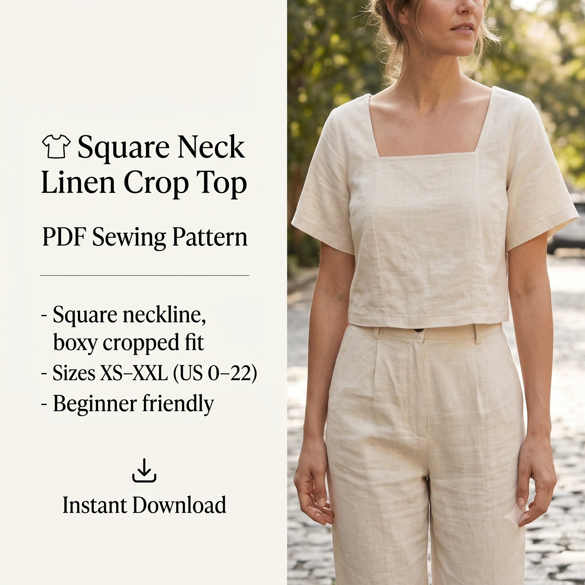 Square neck crop top sewing sattern pdf, Linen Top Pattern Women, Summer Blouse Pattern, Minimalist Top XS XXL, US 0-22