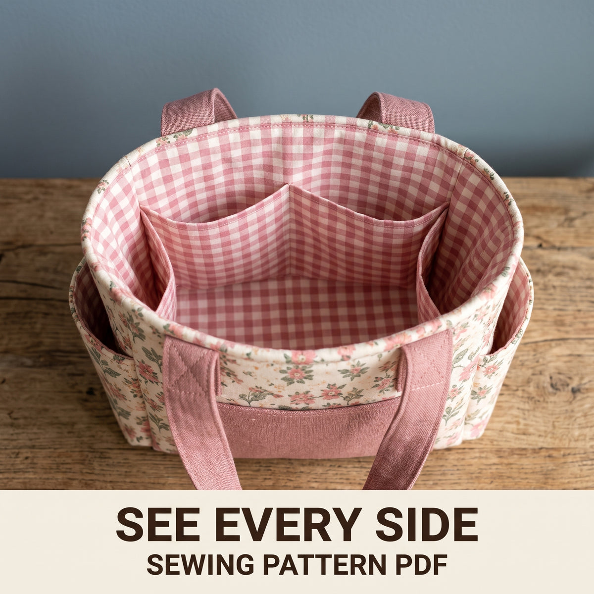 Multi Pocket Tote Bag Sewing Pattern PDF, 3 Sizes, Side Pockets, Front Pocket and Flat Bottom