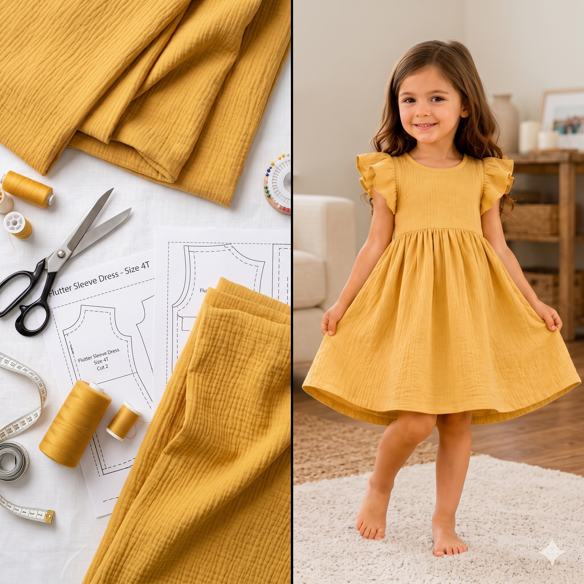 Girls Dress Sewing Pattern PDF | Flutter Sleeve Dress Pattern for Kids, Gathered Skirt Toddler Dress, Beginner, Ages 1-10Y, Instant Download