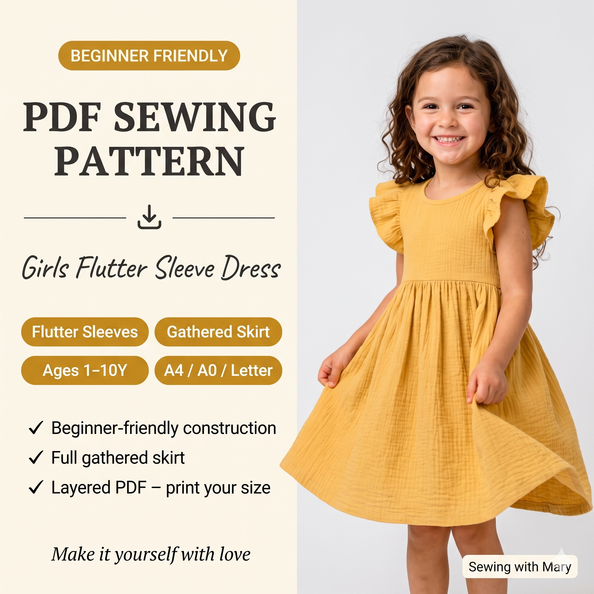 Girls Dress Sewing Pattern PDF | Flutter Sleeve Dress Pattern for Kids, Gathered Skirt Toddler Dress, Beginner, Ages 1-10Y, Instant Download