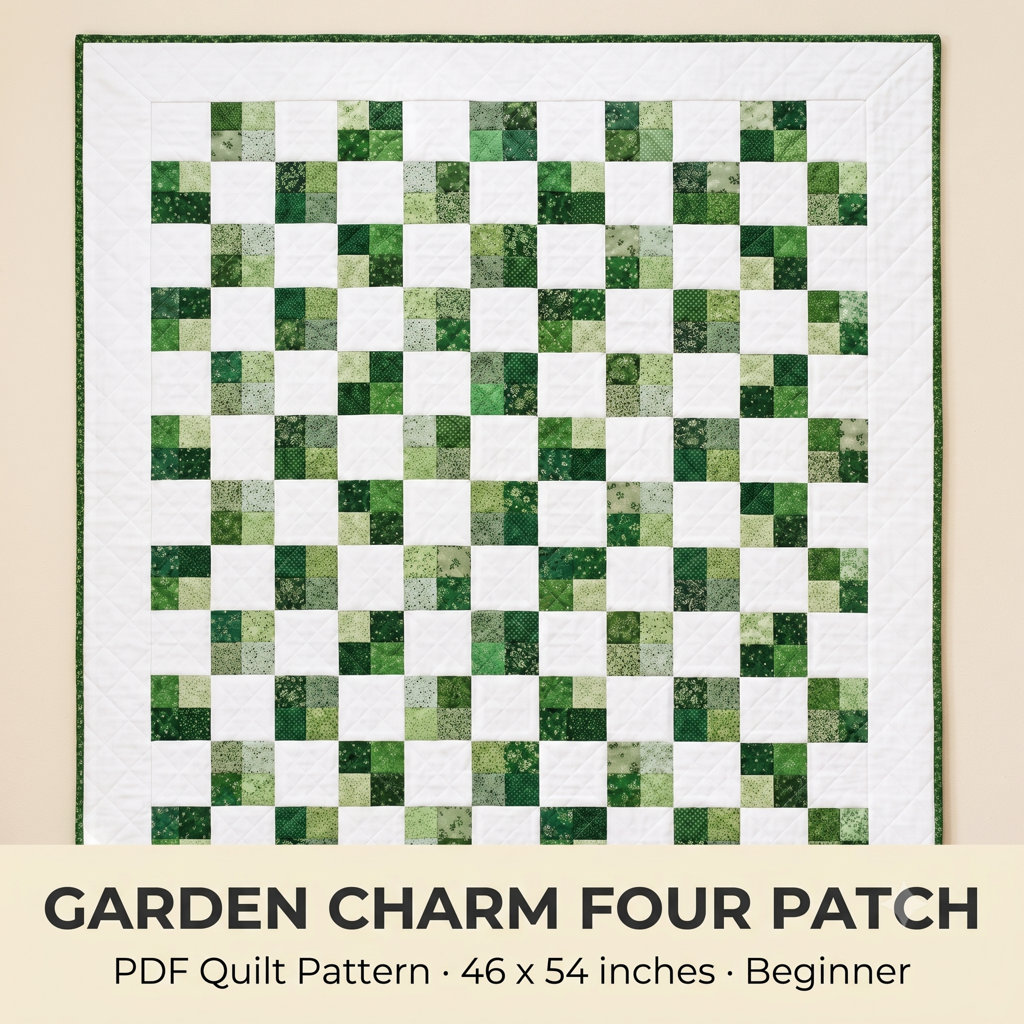 Green Four Patch Quilt Pattern | Beginner Scrap Quilt PDF | Lap & Baby Size | Charm Square Friendly