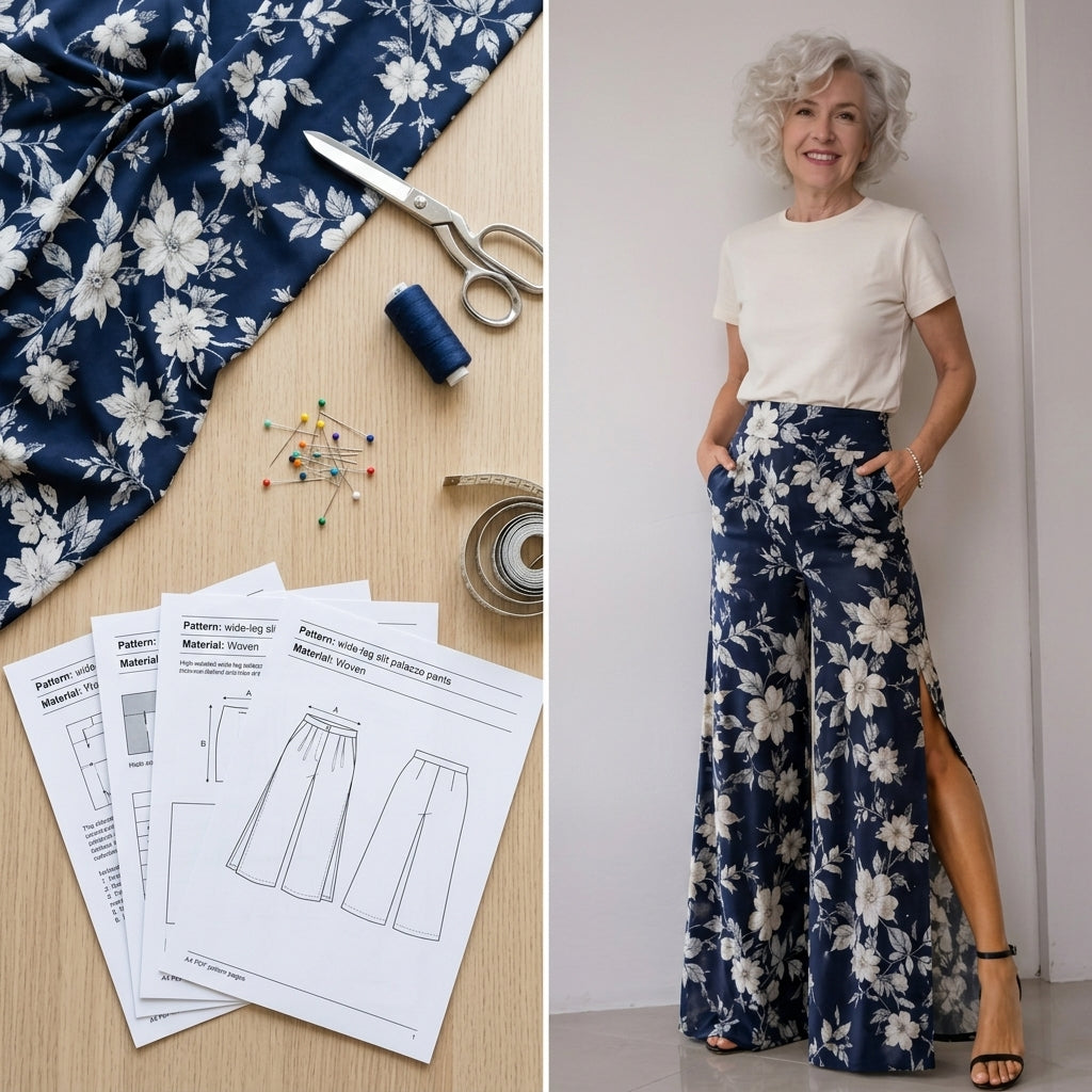 Wide Leg Pants Sewing Pattern PDF | High Waist Palazzo Trousers Pattern, Slit Linen Pants for Women, Beginner, Sizes XS-XXL, Instant Download