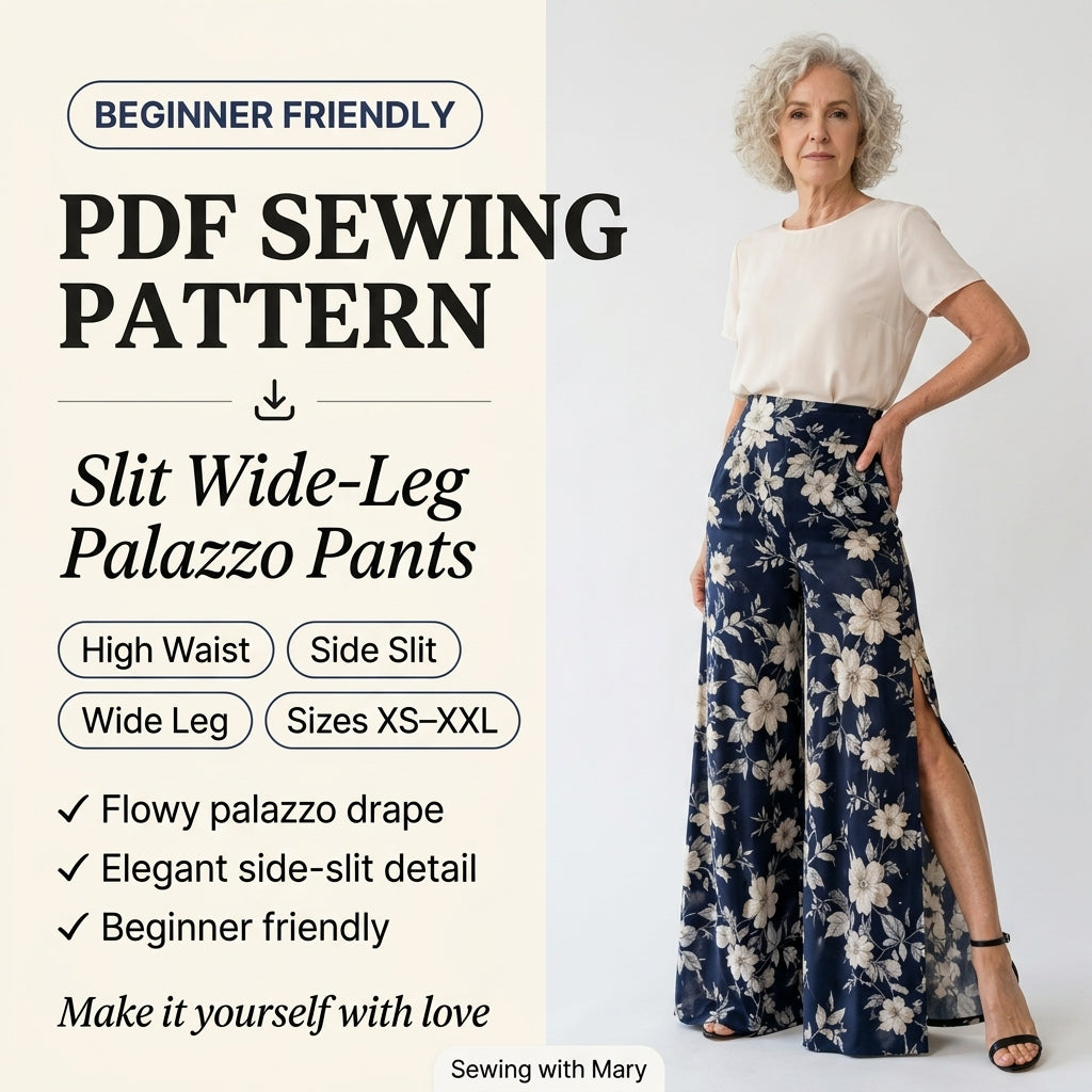 Wide Leg Pants Sewing Pattern PDF | High Waist Palazzo Trousers Pattern, Slit Linen Pants for Women, Beginner, Sizes XS-XXL, Instant Download