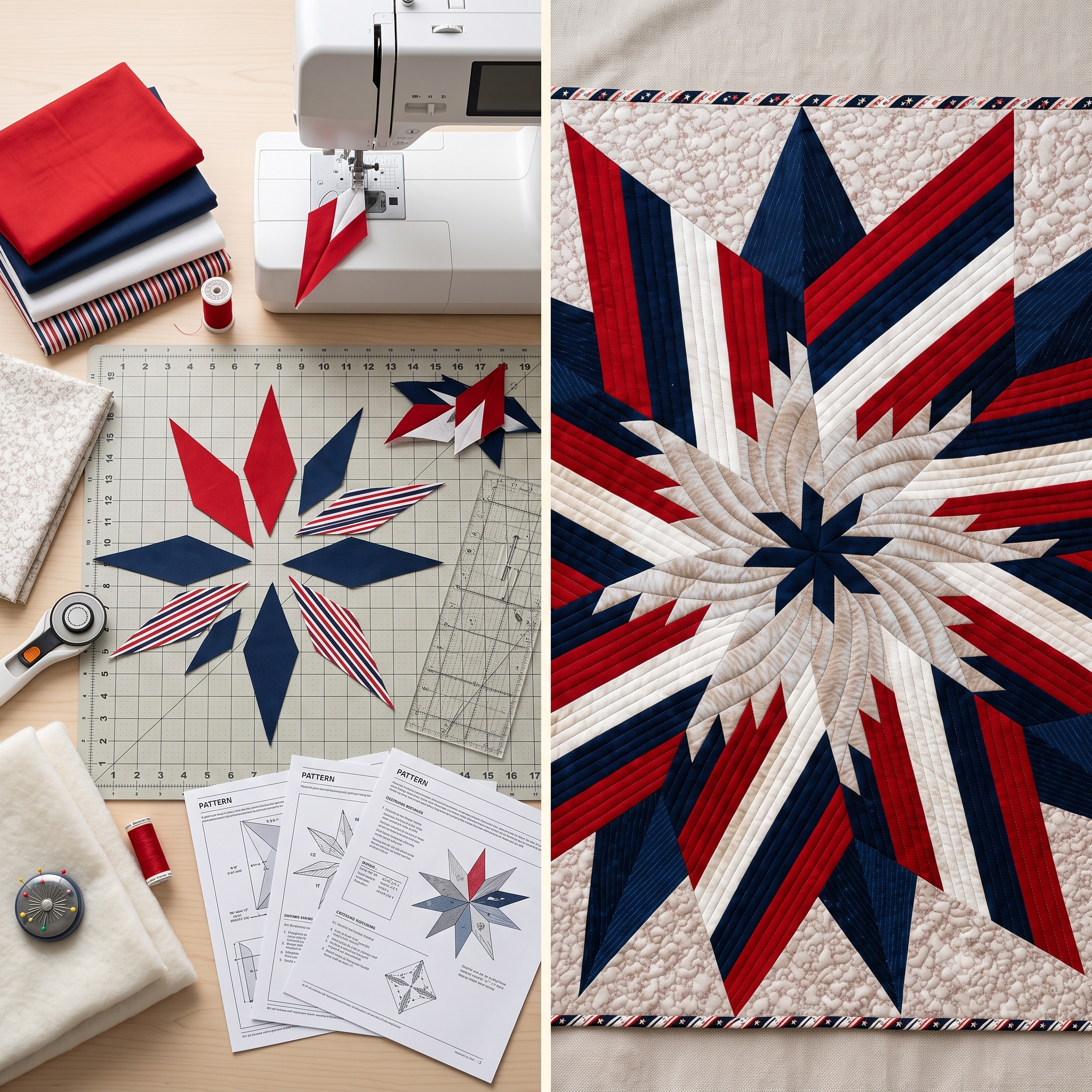 Ironbound Compass Star Quilt Pattern – Liberation Day - Patriotic Red White Blue Quilt PDF
