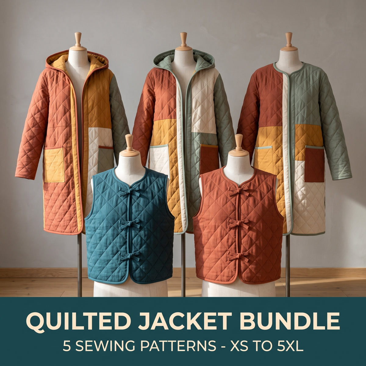 Quilted Jacket Sewing Pattern Bundle PDF, 5 Designs, XS to 5XL