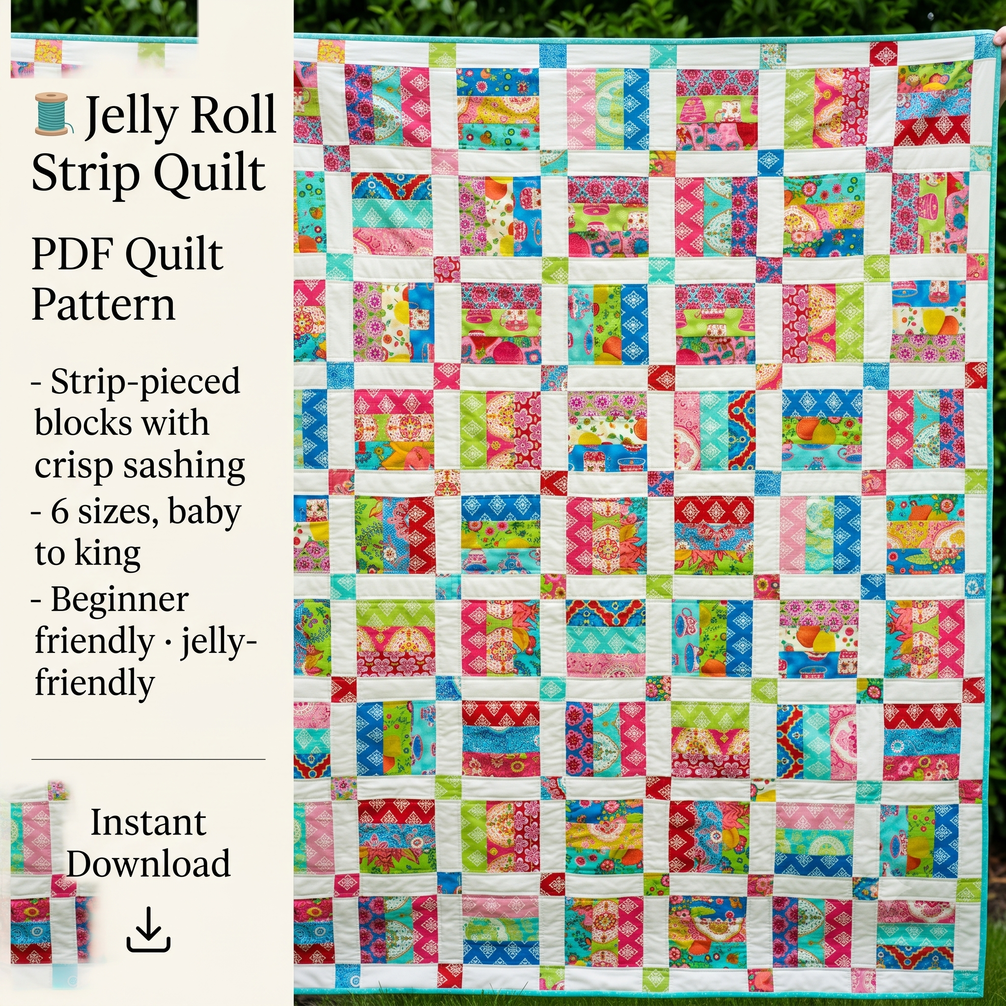 Jelly Roll Quilt Pattern PDF, Easy Strip Quilt Pattern, 6 Sizes Baby to King, Beginner Quilt Pattern Instant Download