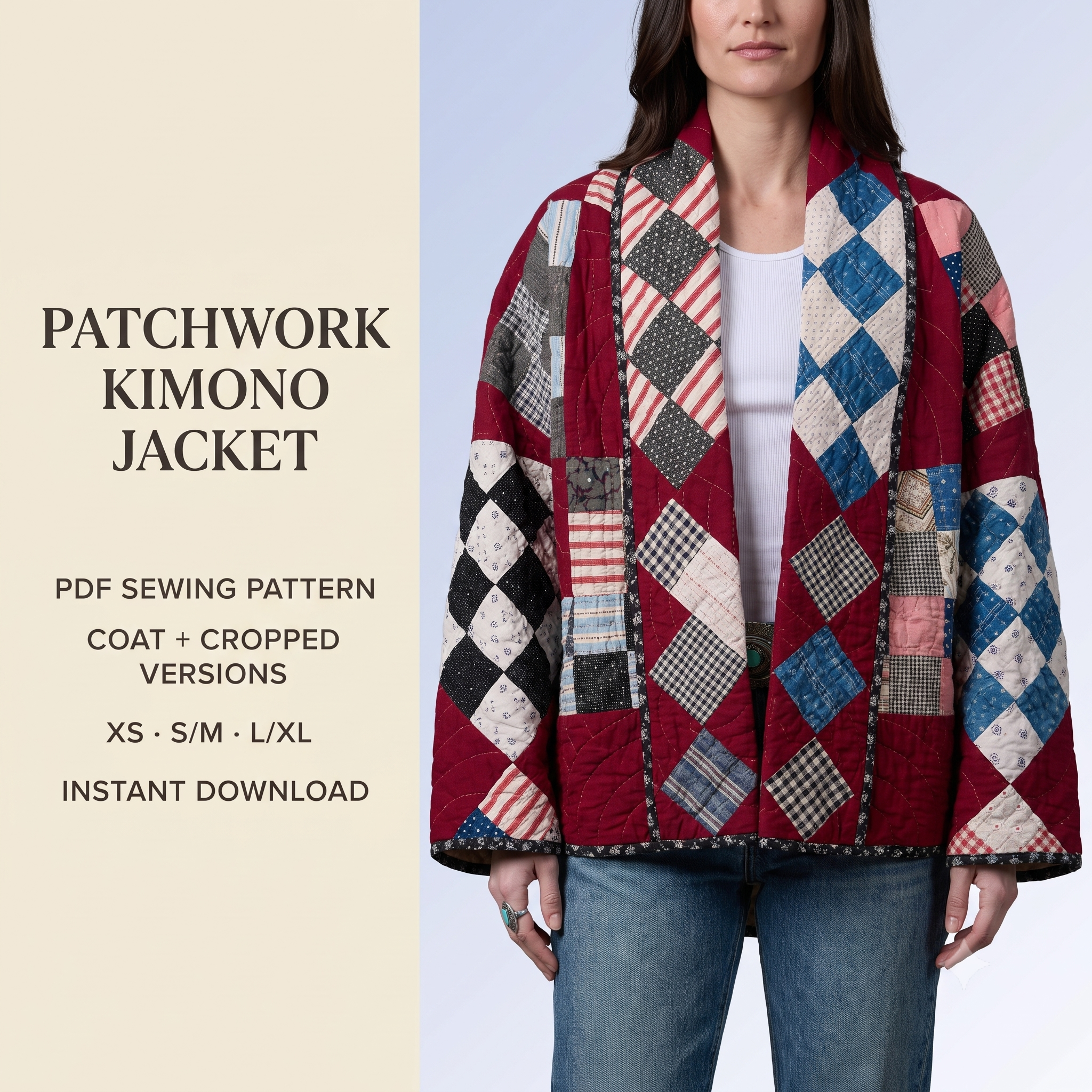 Patchwork Quilt Jacket Sewing Pattern PDF, Kimono Coat Pattern, Quilted Jacket, Digital Sewing Pattern, XS-XL