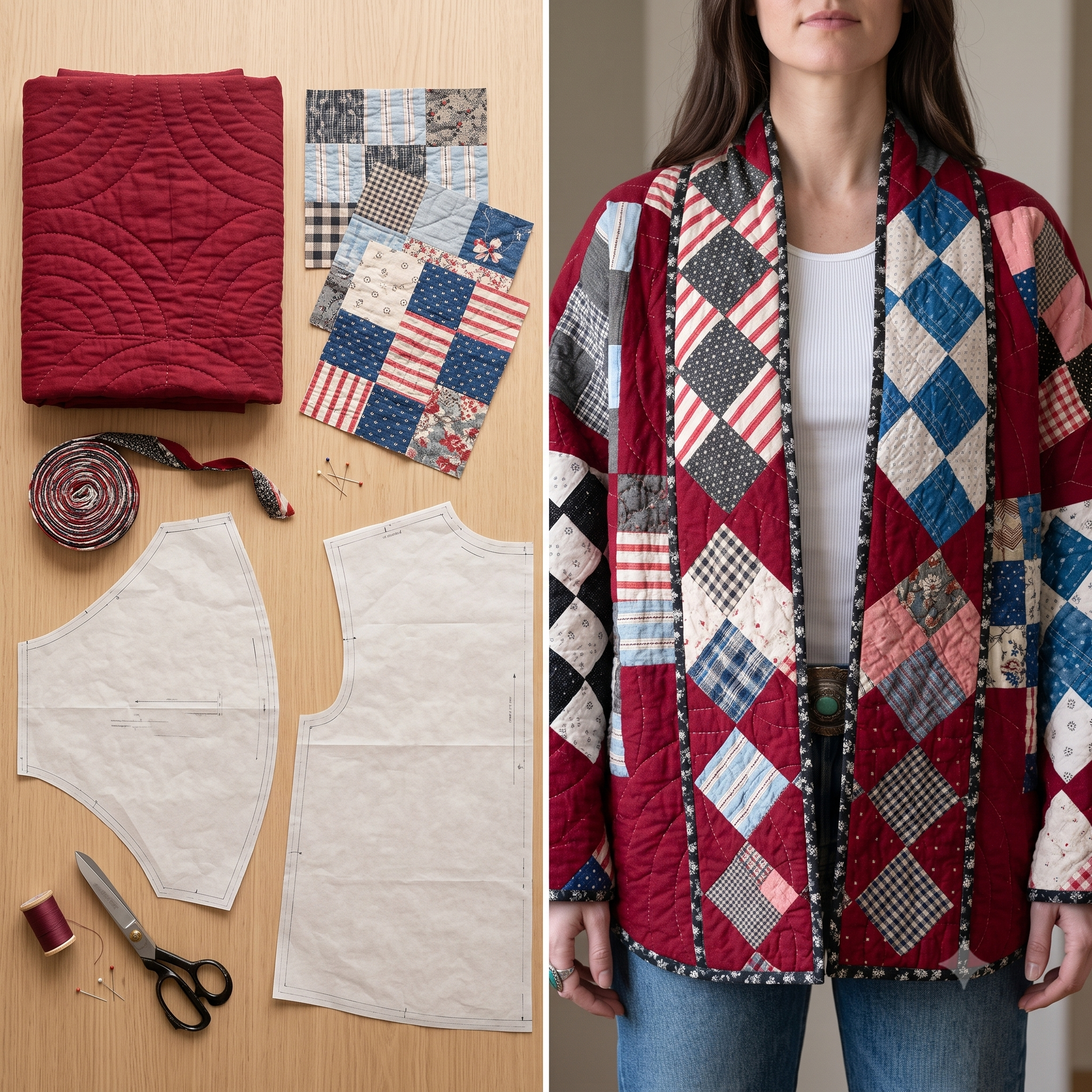 Patchwork Quilt Jacket Sewing Pattern PDF, Kimono Coat Pattern, Quilted Jacket, Digital Sewing Pattern, XS-XL
