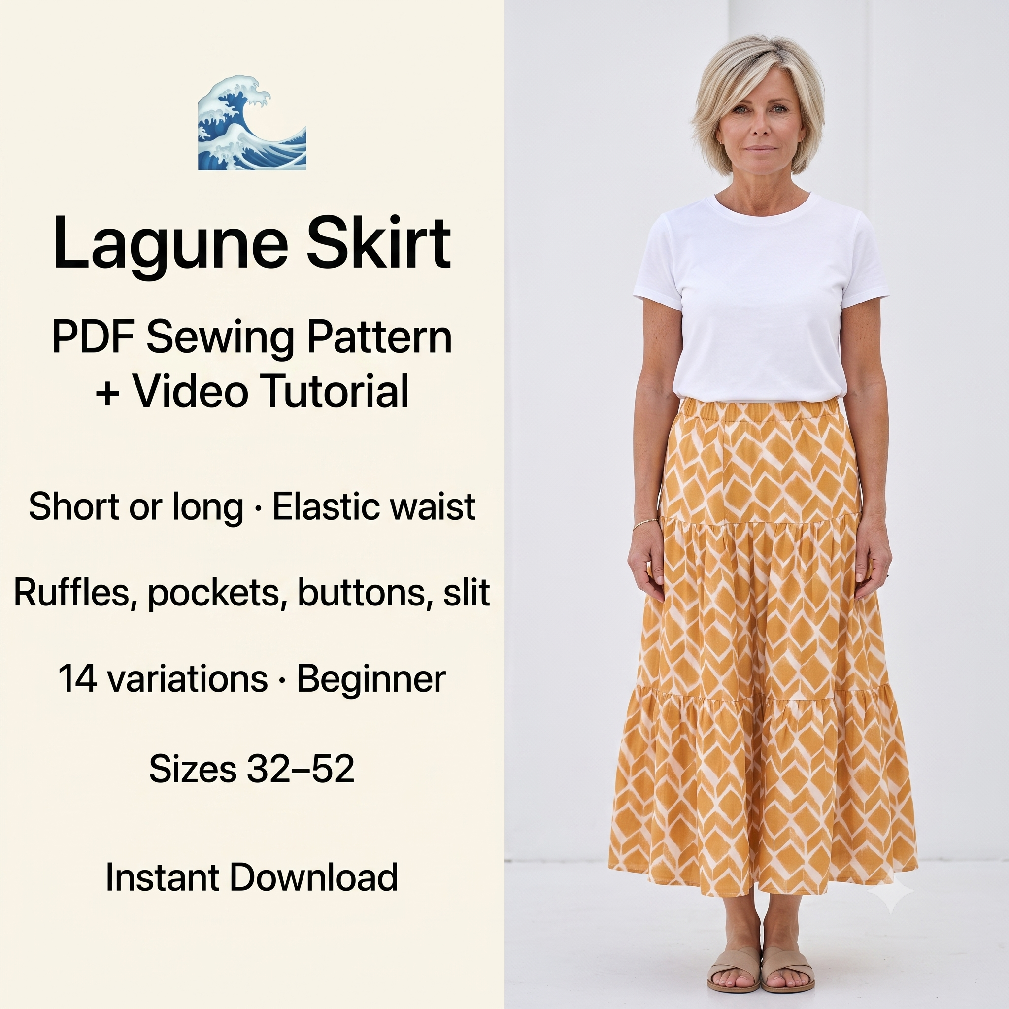 LAGUNE Skirt Sewing Pattern PDF, Elastic Waist Skirt, Short or Maxi Skirt, Button Front Ruffle Skirt, Video Tutorial, Bilingual FR/EN, Sizes 32–52