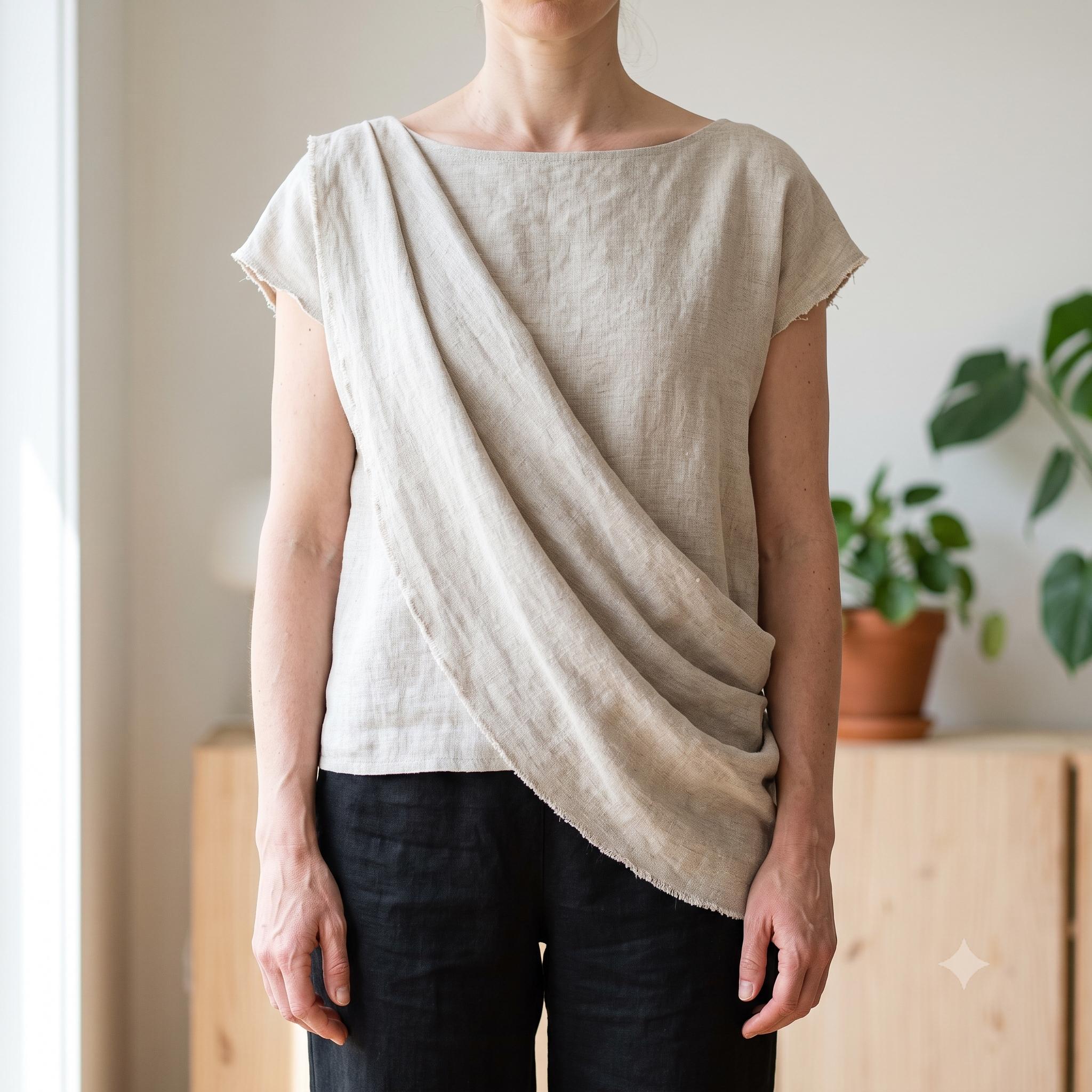 Draped Linen Top Sewing Pattern PDF, Asymmetric Wrap Blouse Pattern, Boat Neck Cap Sleeve Summer Top, US Sizes 0-22, Instant Download