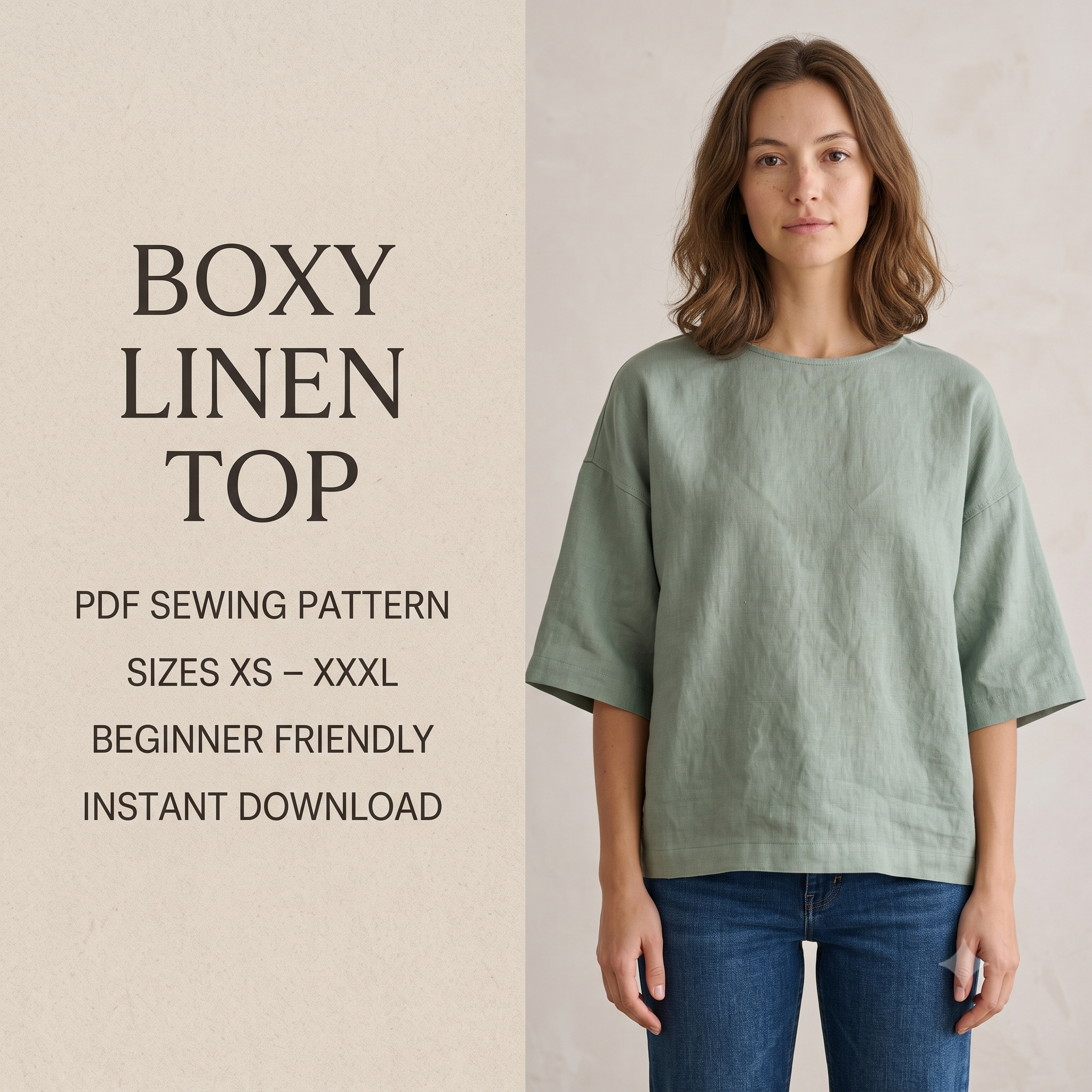 Linen Top Sewing Pattern PDF, Boxy Drop Shoulder Blouse, Easy Beginner Summer Top, Round Neck Loose Fit, XS-XXXL, Instant Download