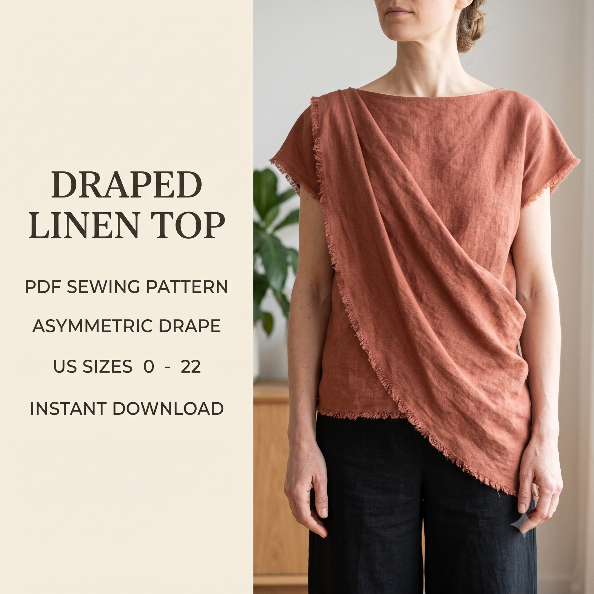 Draped Linen Top Sewing Pattern PDF, Asymmetric Wrap Blouse Pattern, Boat Neck Cap Sleeve Summer Top, US Sizes 0-22, Instant Download