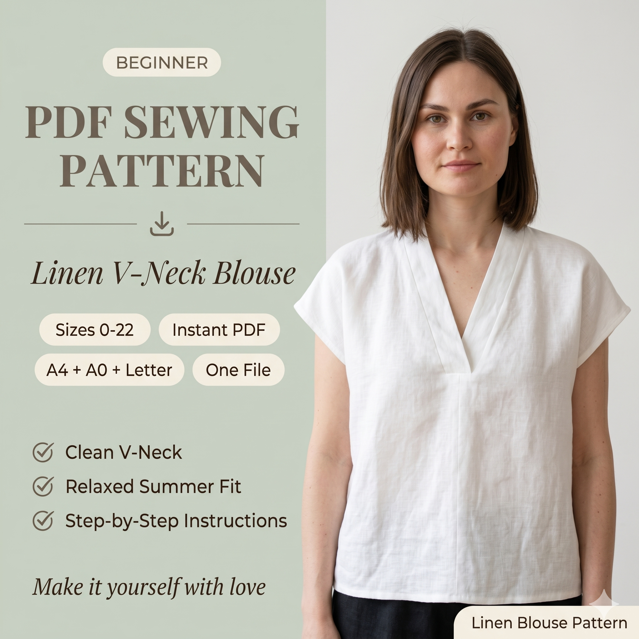 Linen Blouse Sewing Pattern PDF, V Neck Top Pattern, Loose Fit Summer Shirt, Minimalist Linen Top Pattern Sizes 0–22
