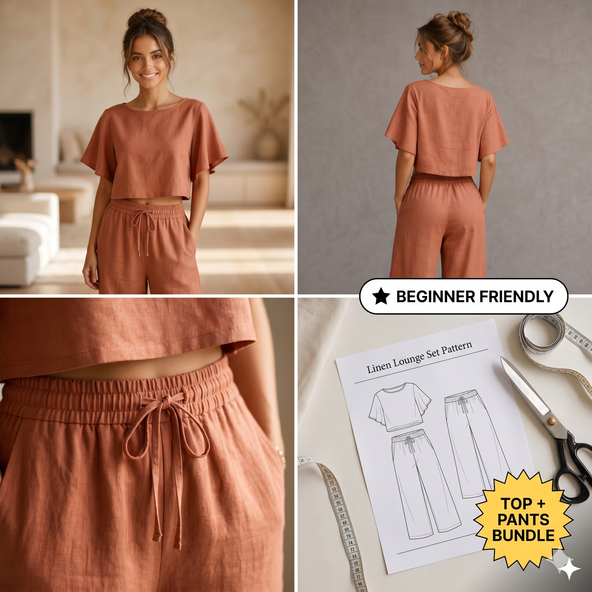 ✨ Linen Lounge Set – Cropped Top &amp; Palazzo Pants – Instant Download PDF Sewing Pattern