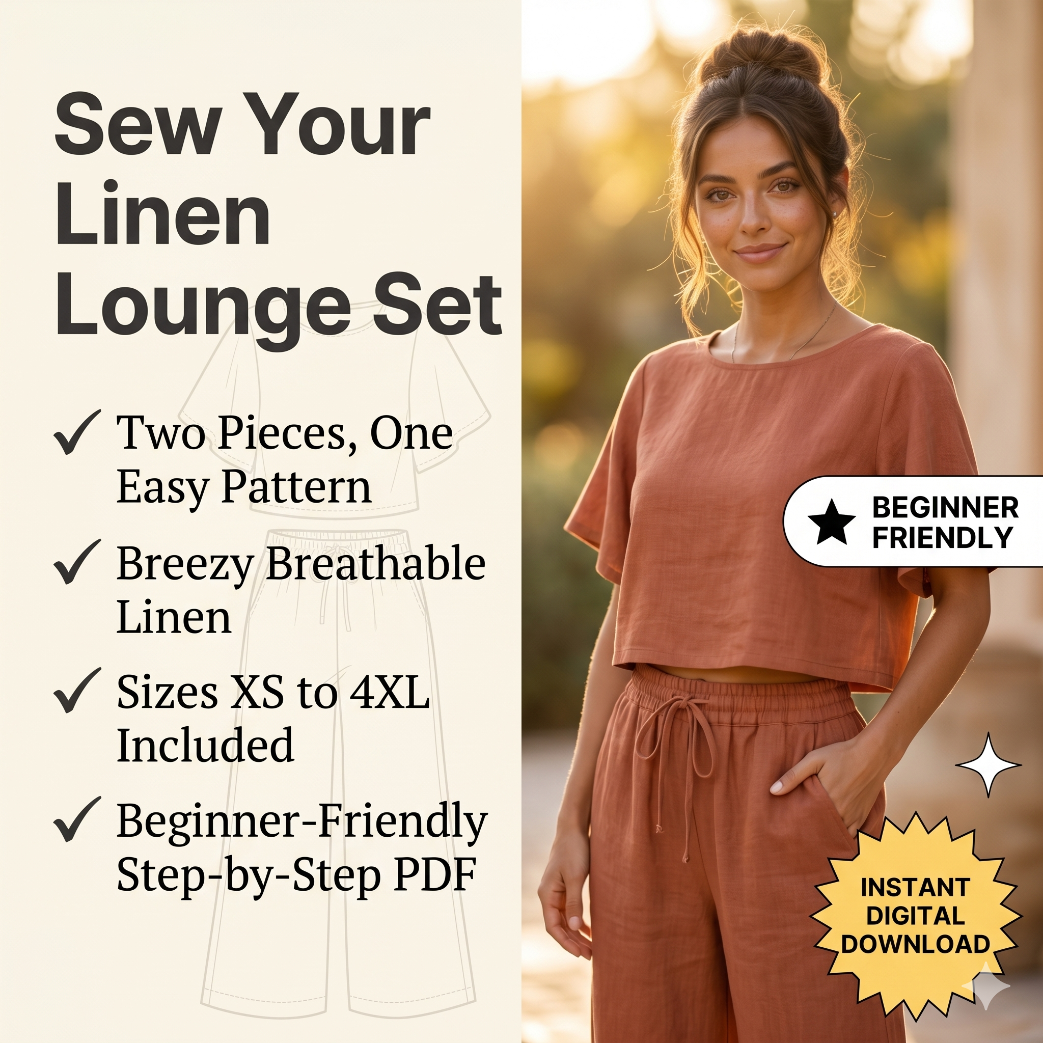 ✨ Linen Lounge Set – Cropped Top &amp; Palazzo Pants – Instant Download PDF Sewing Pattern