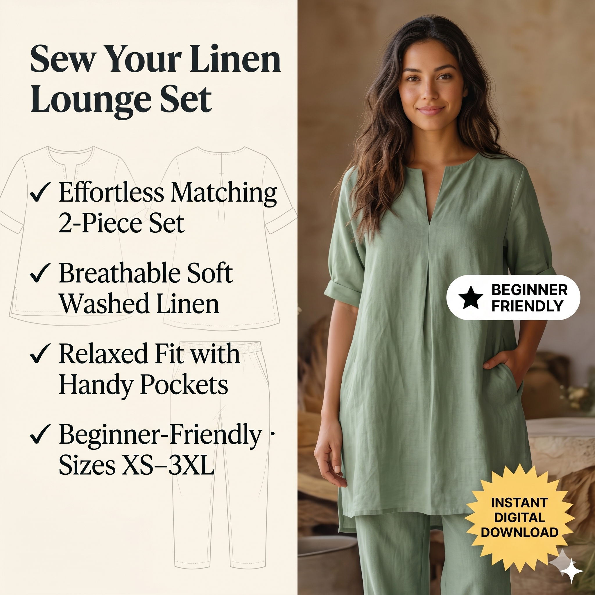 Linen Tunic & Tapered Pants Set – Instant Download PDF Sewing Pattern