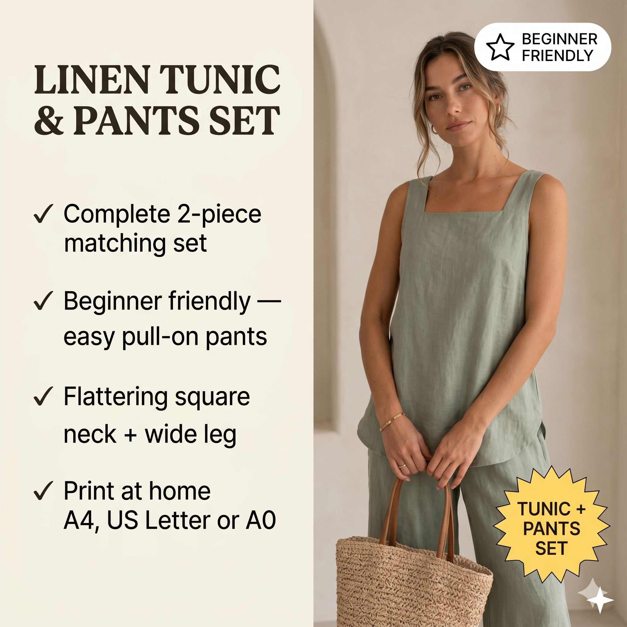 Linen Tunic and Linen Pants Sewing Patterns Set, Linen Tunic Top(2 version),Square Neck Tunic, Pull On Pants Set Pattern, A0 A4 US Letter