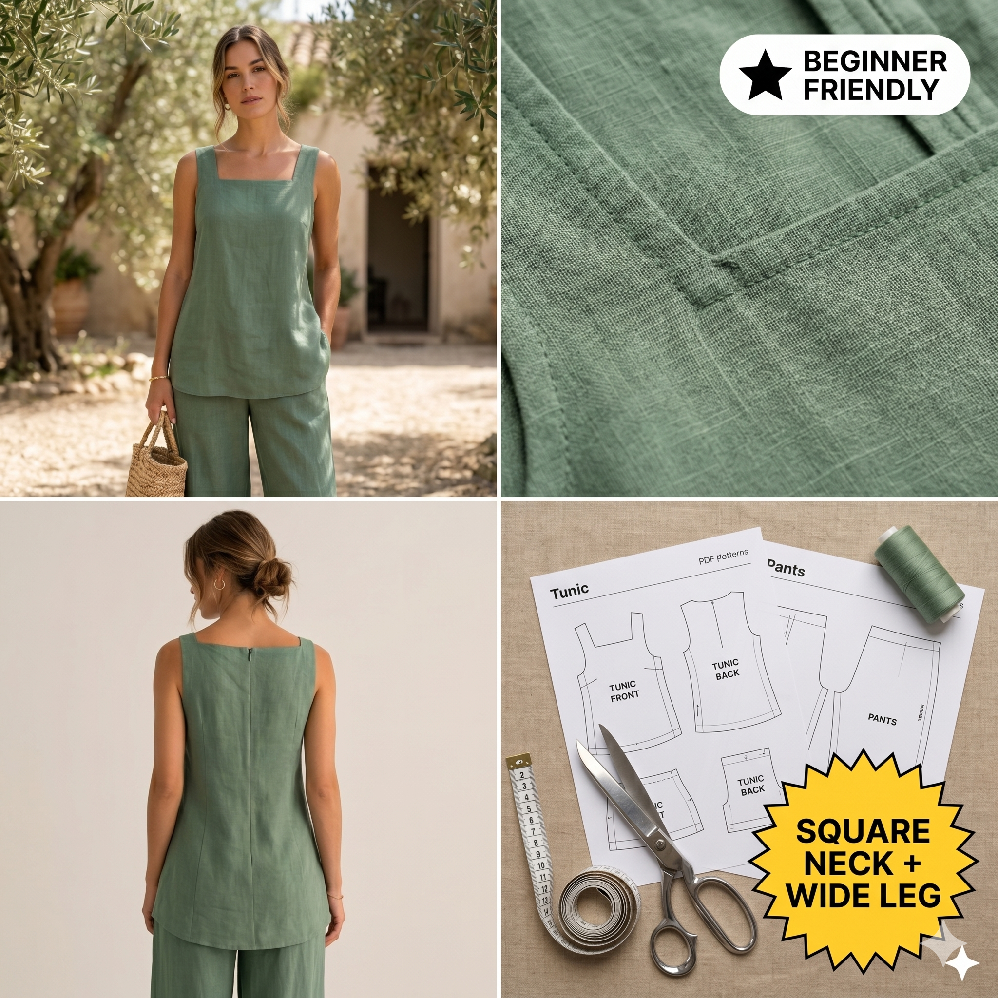 Linen Tunic and Linen Pants Sewing Patterns Set, Linen Tunic Top(2 version),Square Neck Tunic, Pull On Pants Set Pattern, A0 A4 US Letter