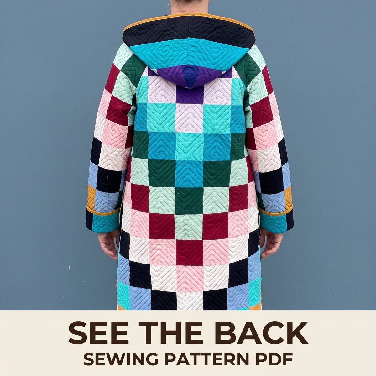 Long Quilted Coat Sewing Pattern PDF, Hooded Patchwork Duster in Solid Squares with Spiral Quilting, XS–3XL