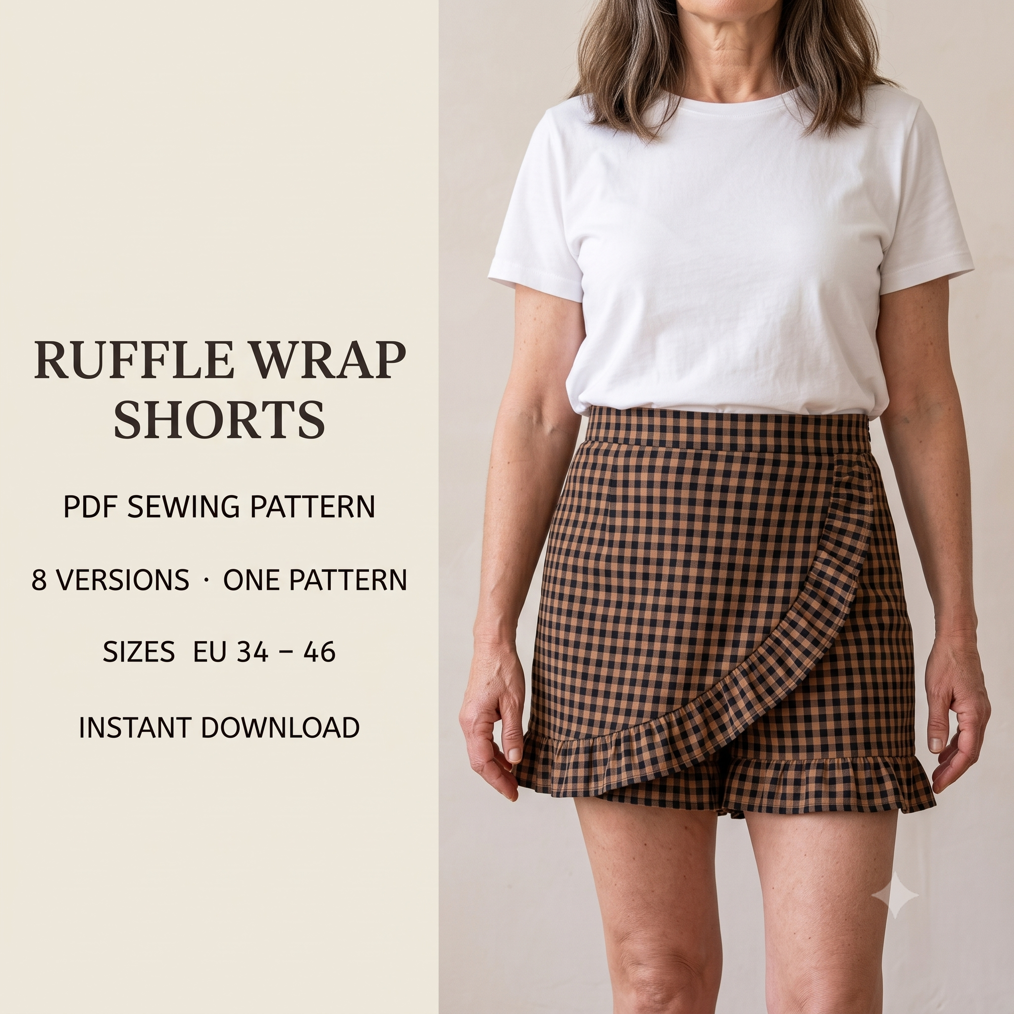 Ruffle Shorts Sewing Pattern PDF, Wrap Front Skort Pattern, 8 Versions in One File, Elastic or Zip Waist, Sizes US 2-14 / EU 34-46, Instant Download