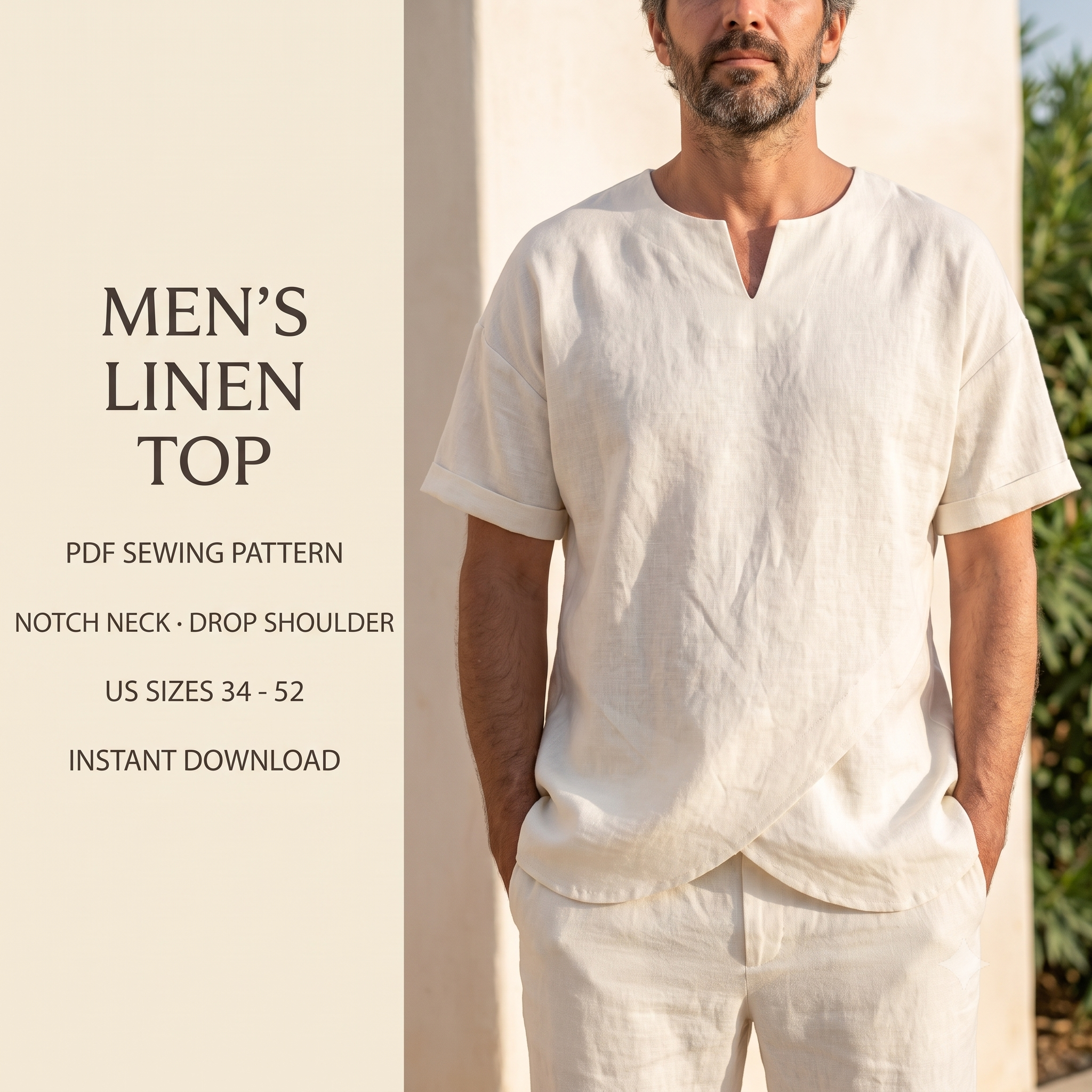 Men's Linen Top Sewing Pattern PDF, Notch Neck Summer Shirt, Drop Shoulder Relaxed Tee, Overlapping Hem, US Sizes 34-52, Instant Download