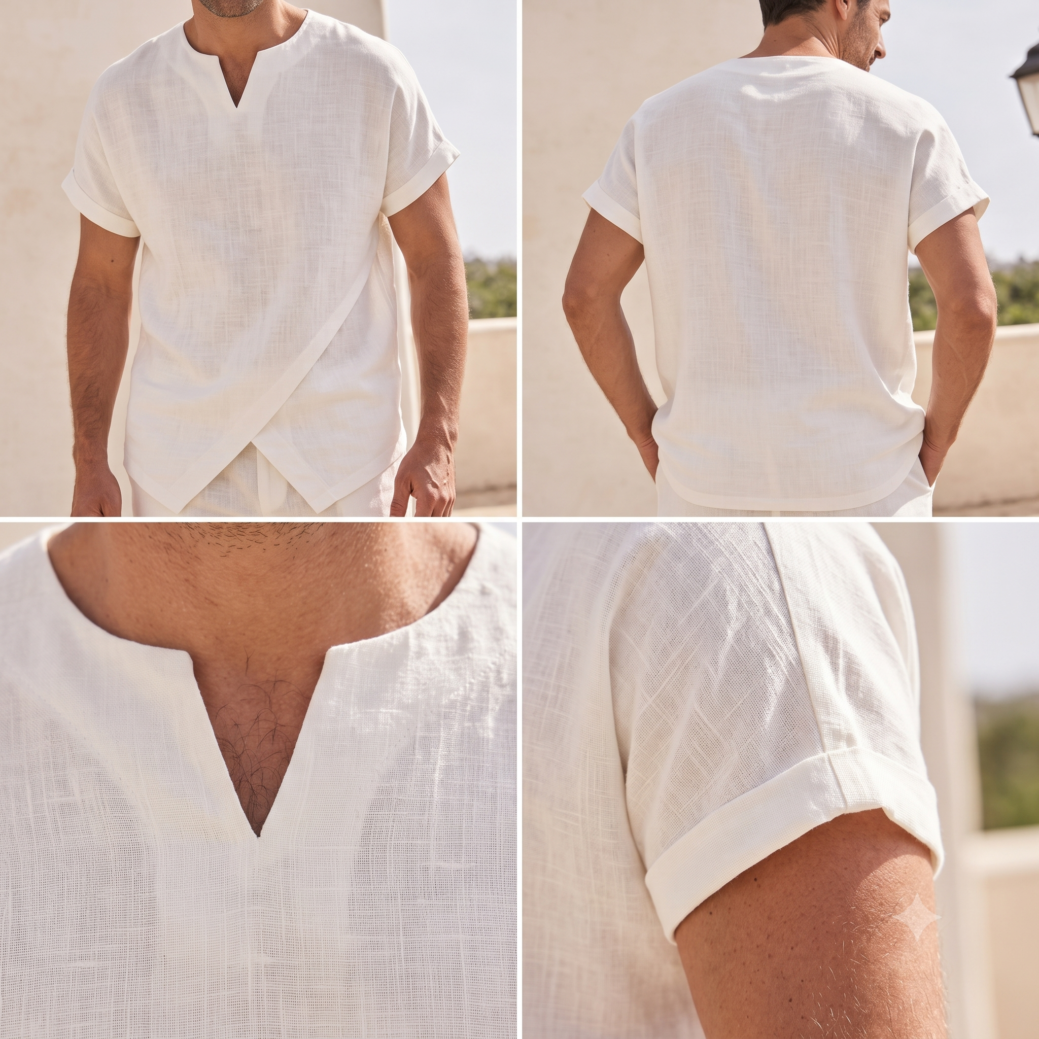 Men's Linen Top Sewing Pattern PDF, Notch Neck Summer Shirt, Drop Shoulder Relaxed Tee, Overlapping Hem, US Sizes 34-52, Instant Download