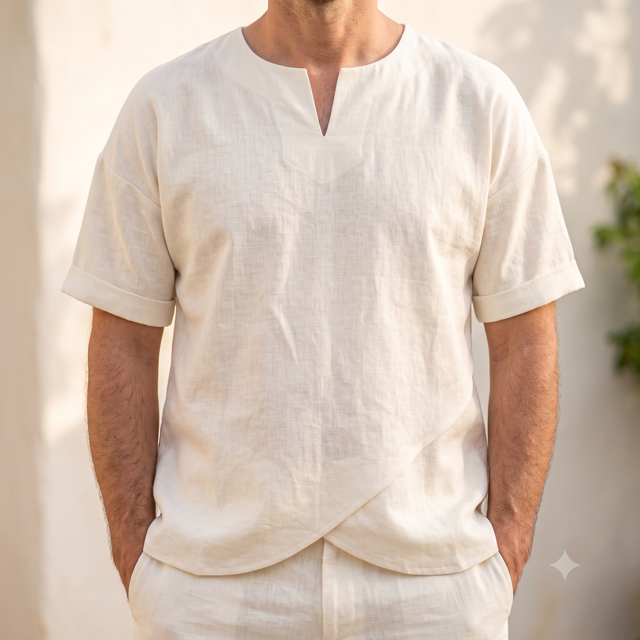 Men's Linen Top Sewing Pattern PDF, Notch Neck Summer Shirt, Drop Shoulder Relaxed Tee, Overlapping Hem, US Sizes 34-52, Instant Download