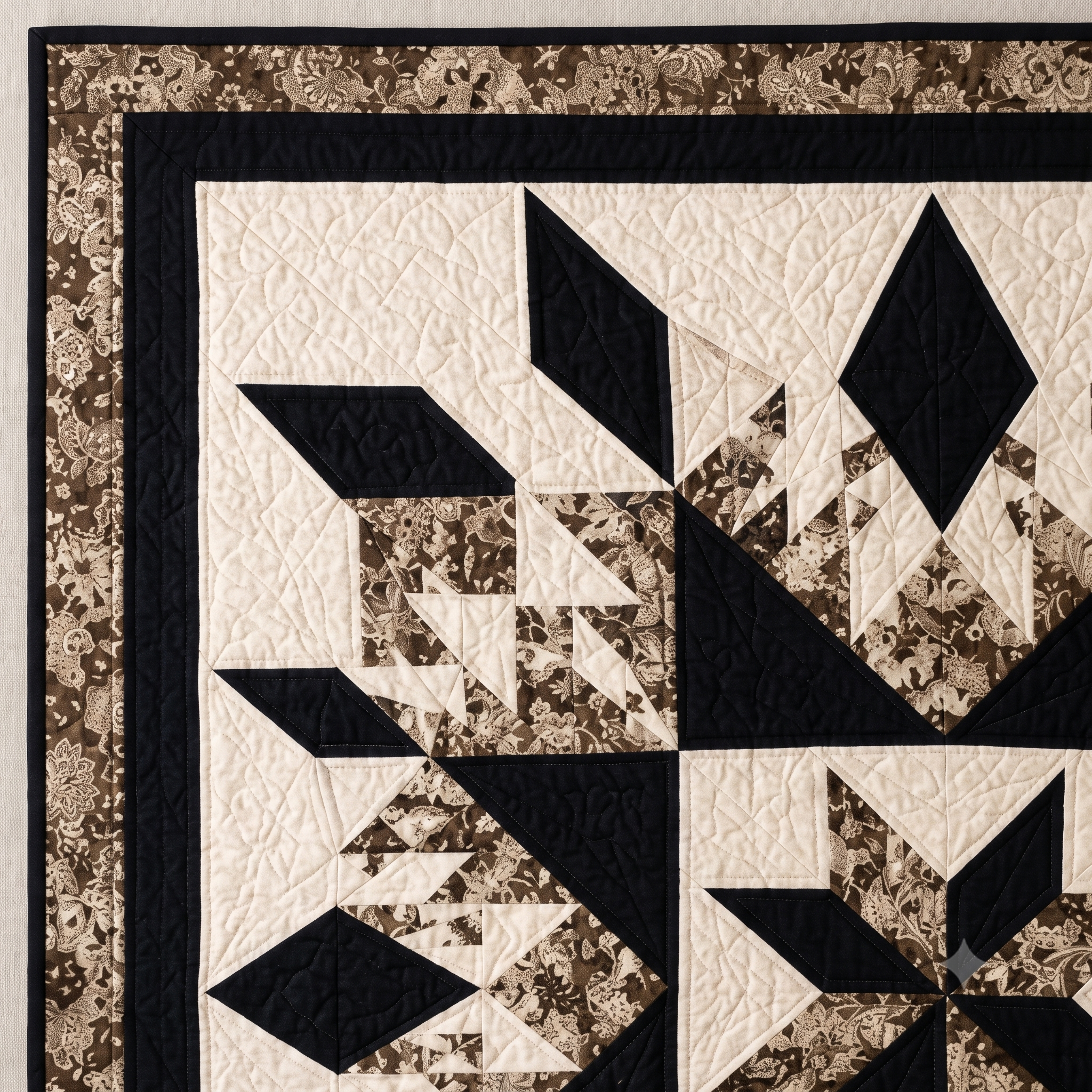 Midnight Starburst Quilt Pattern PDF | Full, Queen & King | Feathered Star Medallion Quilt | Black, Cream & Floral | Instant Download