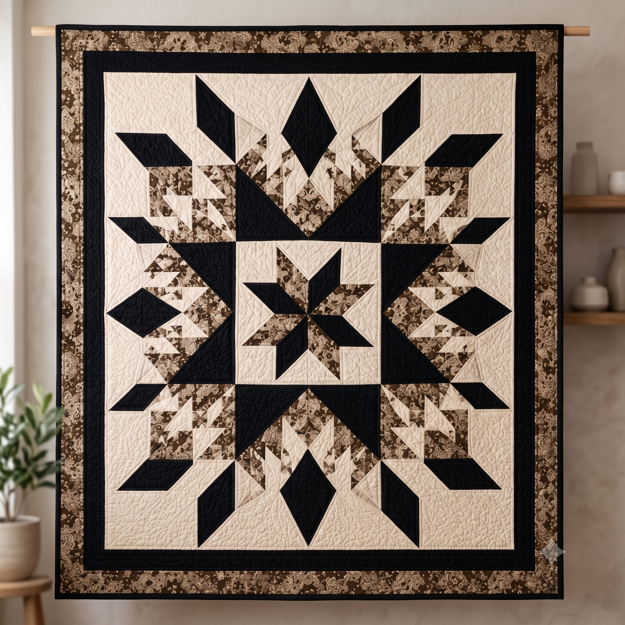 Midnight Starburst Quilt Pattern PDF | Full, Queen & King | Feathered Star Medallion Quilt | Black, Cream & Floral | Instant Download