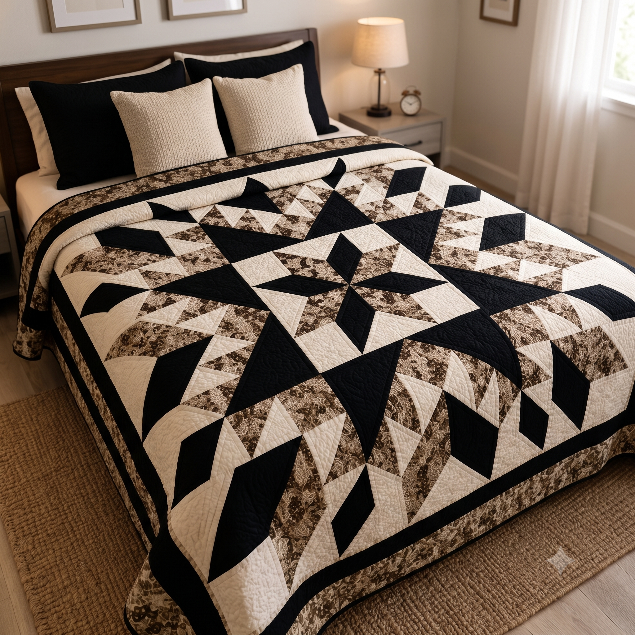 Midnight Starburst Quilt Pattern PDF | Full, Queen & King | Feathered Star Medallion Quilt | Black, Cream & Floral | Instant Download