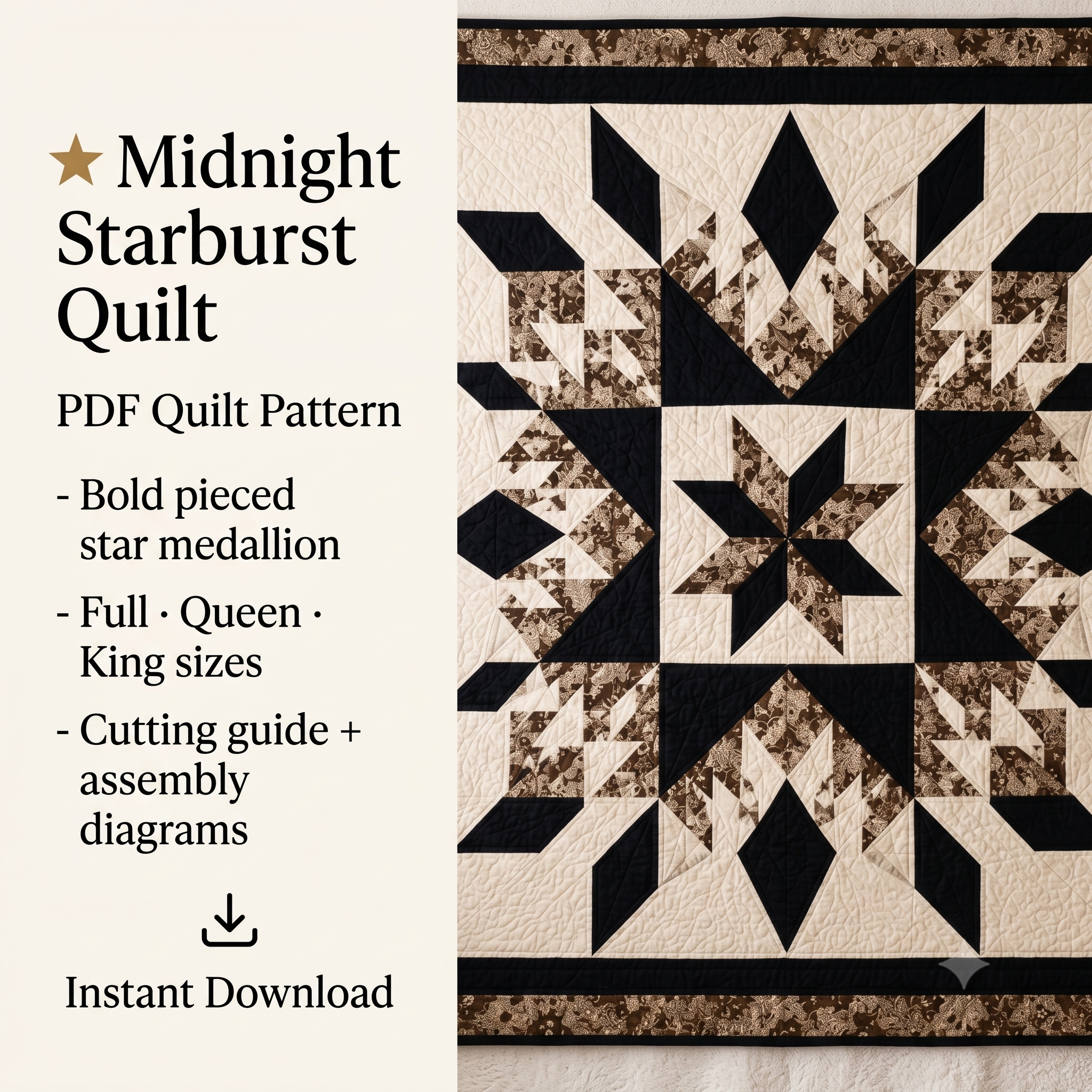 Midnight Starburst Quilt Pattern PDF | Full, Queen & King | Feathered Star Medallion Quilt | Black, Cream & Floral | Instant Download