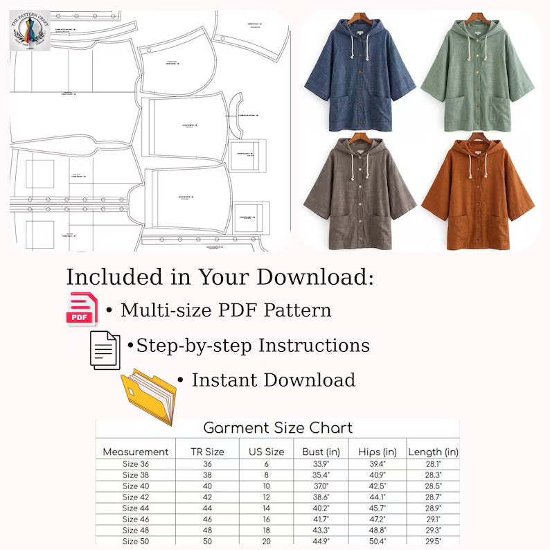 Hooded Jacket Sewing Pattern PDF, Linen Oversized Jacket Pattern, Minimalist Women Coat Pattern, DIY Sewing Pattern, Instant Download