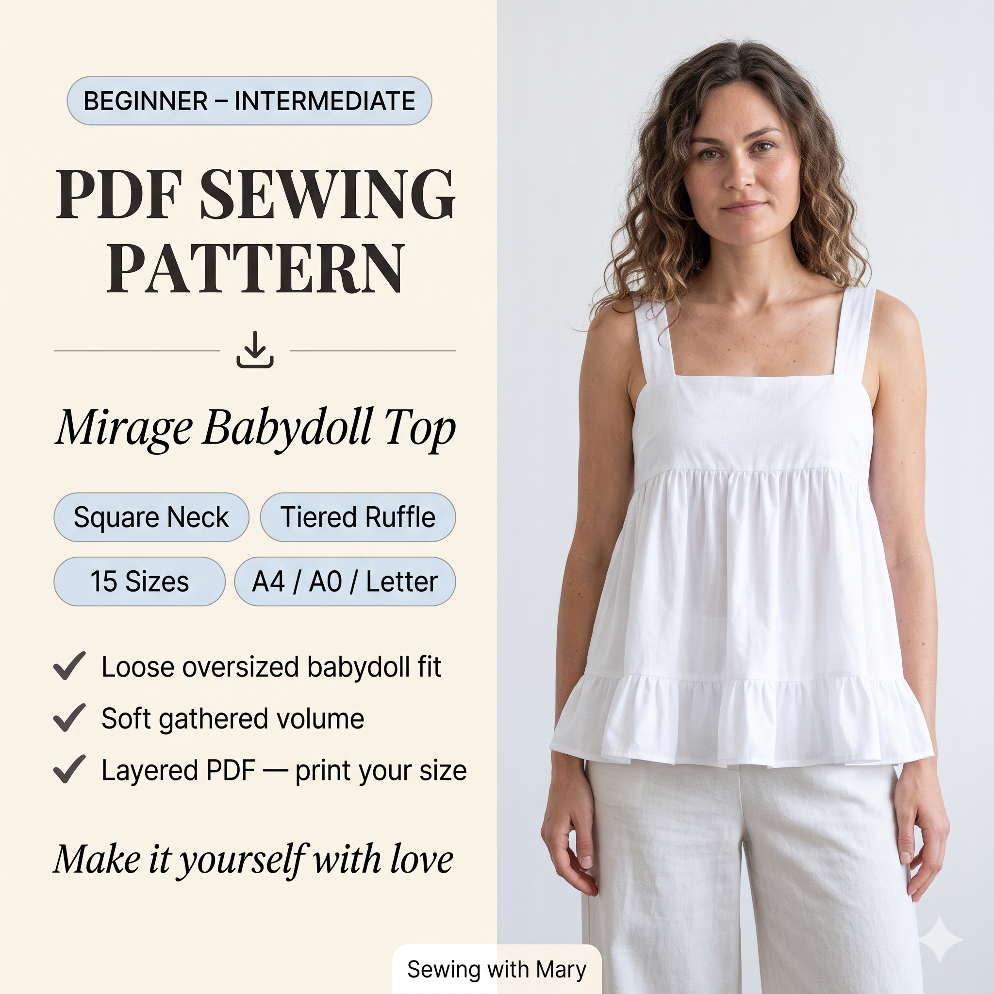 Mirage Tiered Babydoll Top — Sewing Pattern (PDF) | Boho Camisole Tank
