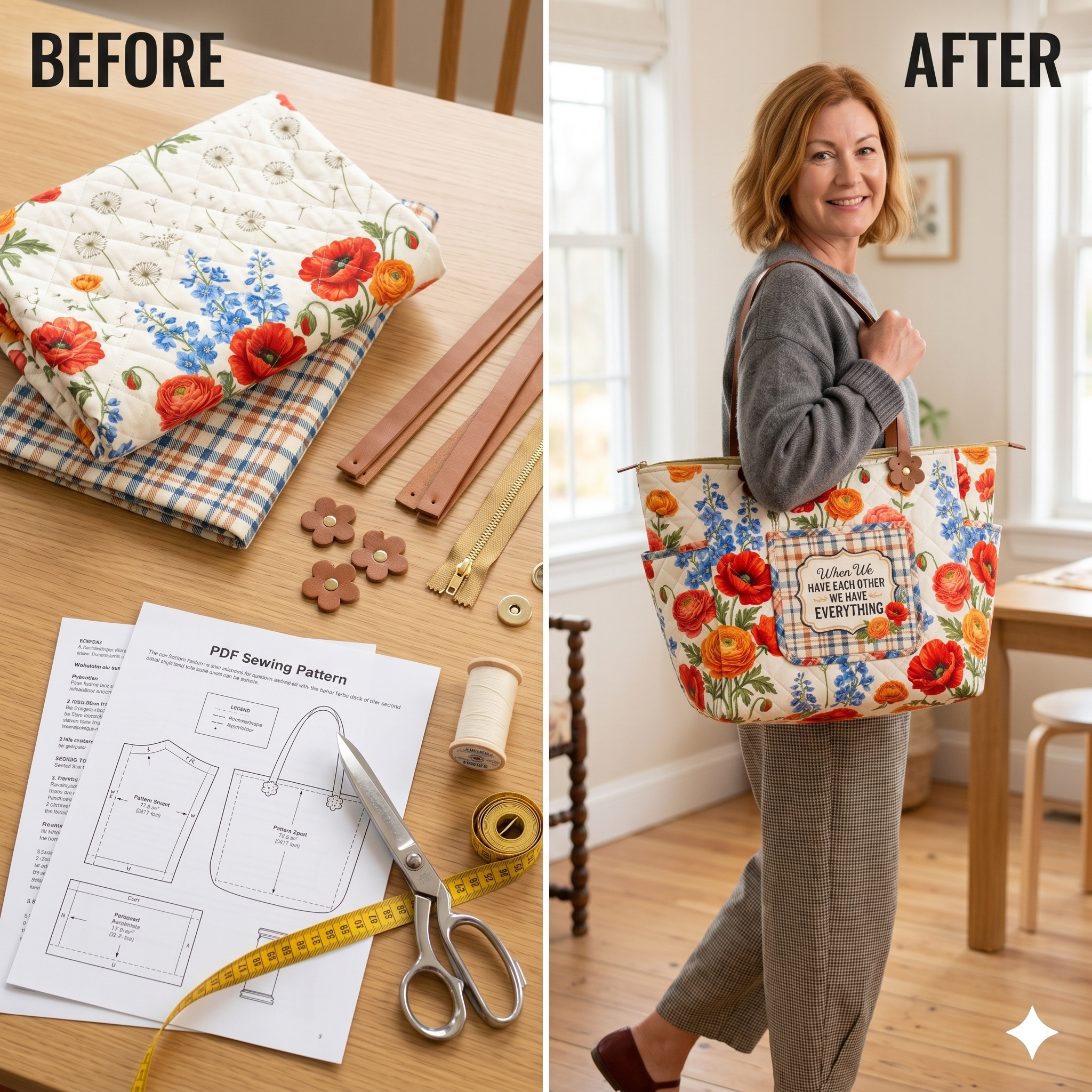 Multi-Pocket Tote Bag Sewing Pattern PDF | Zipper Divider Bag | 15"x18" Panel Fabric Friendly Tote | DIY Quilted Market Bag Instant Download