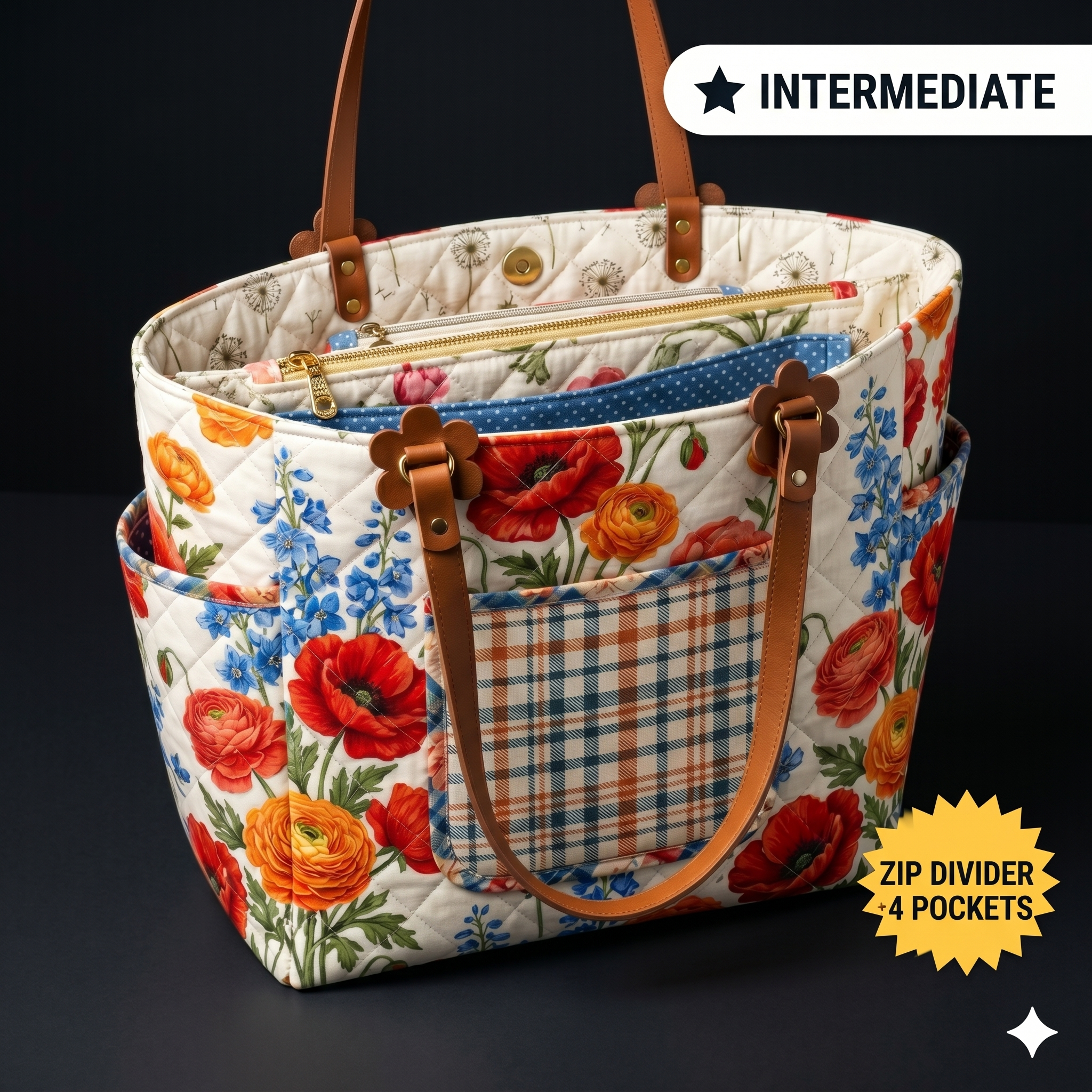 Multi-Pocket Tote Bag Sewing Pattern PDF | Zipper Divider Bag | 15"x18" Panel Fabric Friendly Tote | DIY Quilted Market Bag Instant Download
