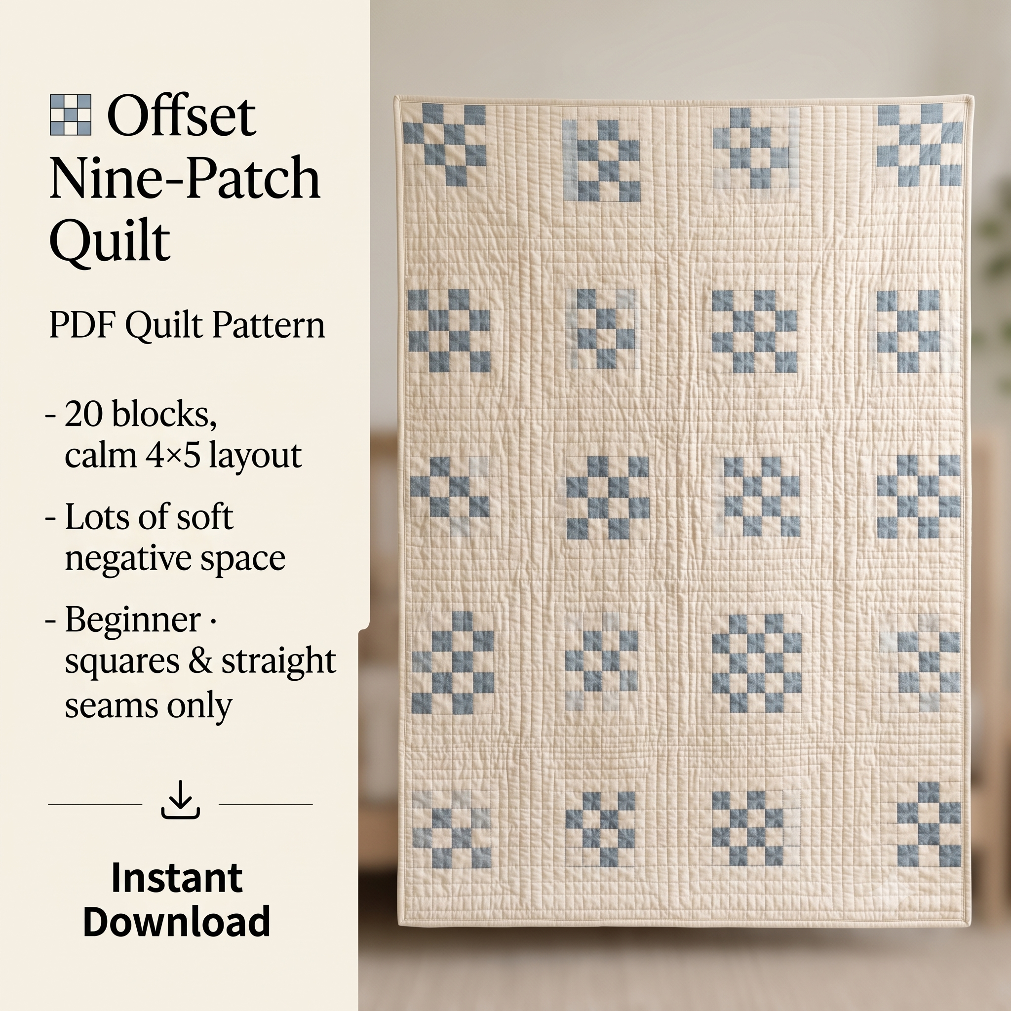 Nine Patch Quilt Pattern PDF, Beginner Modern Quilt Pattern, Minimalist Patchwork Throw, 48x60 Quilt Instant Download